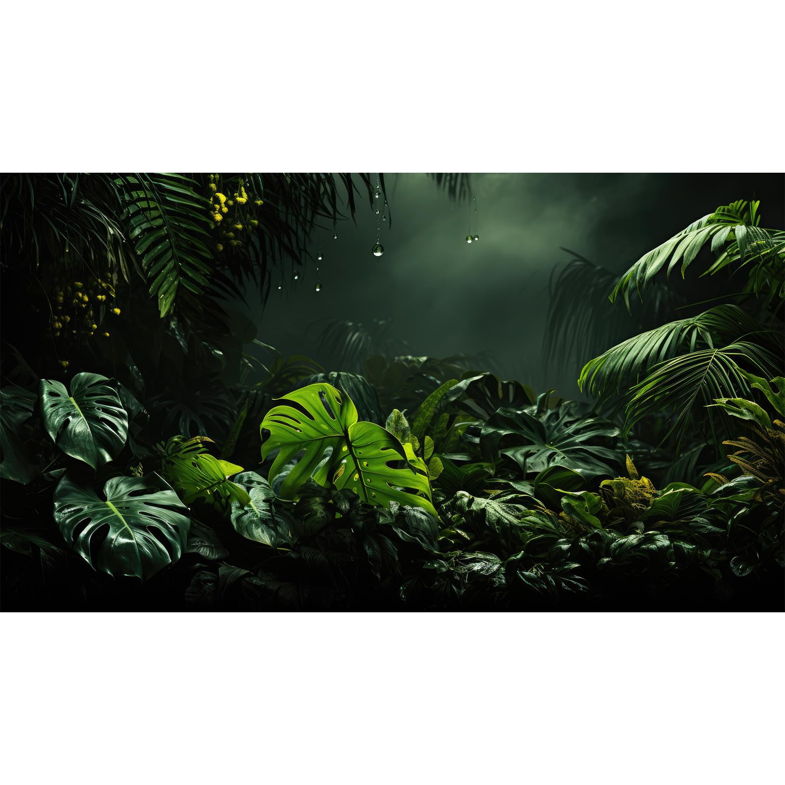 Leaves Aquarium Background Foggy Tropical Palm Leaves Fish Tank Background Fantasy Misty Tropical Floral Pattern Landscape Reptile Tank Backgrounds Rainforest Reptile Enclosure Backgrounds 48x18in