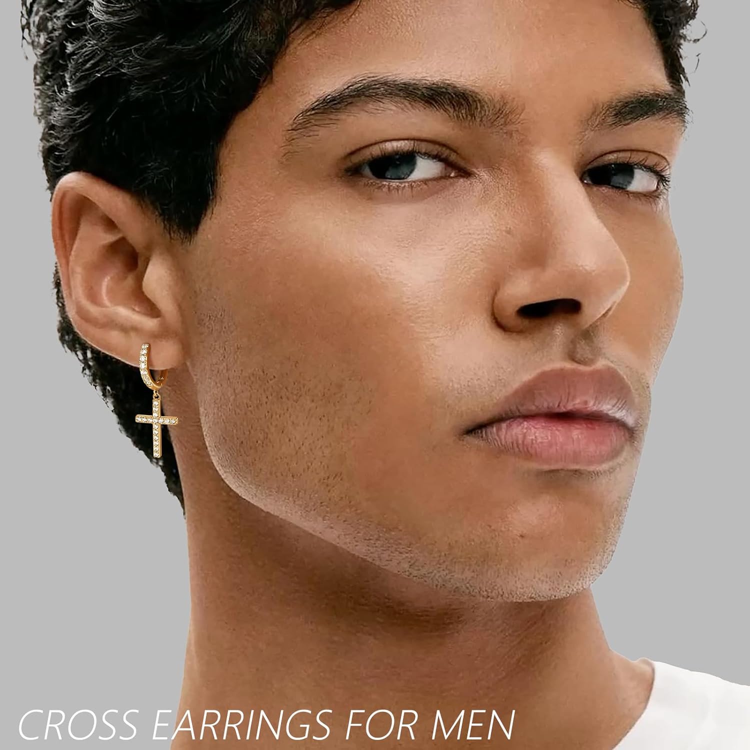 14K Gold Plated Drop Dangle Cross Hoop Earrings Trendy Gold Cross Earrings for Women Small CZ Huggie Hoops Dangling Diamond Cross Earrings for Men Hypoallergenic Lightweight - Image 3