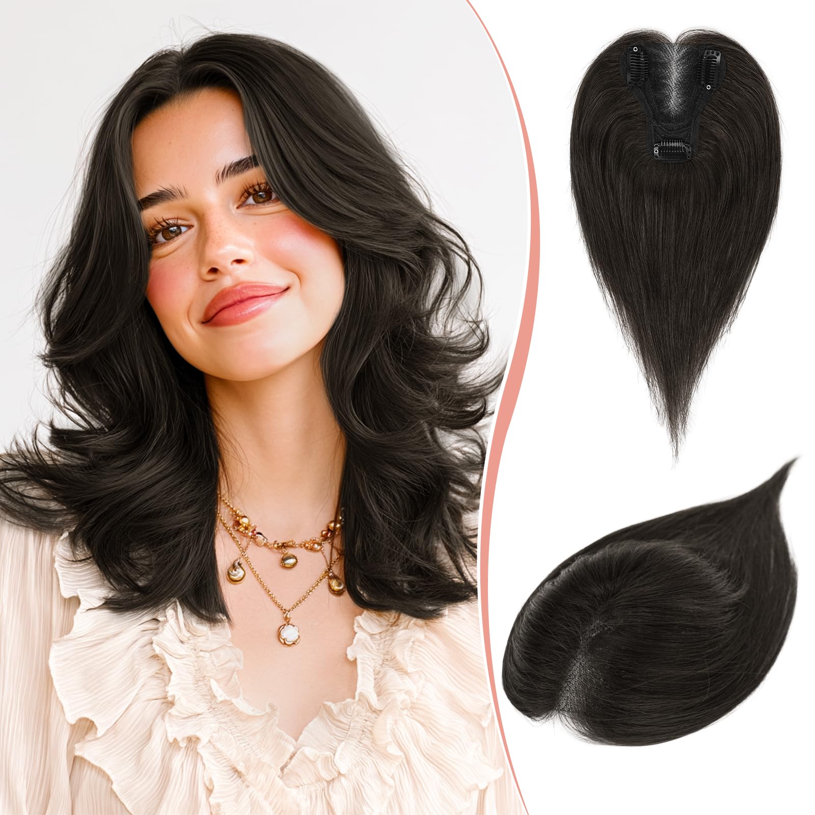 Photo 1 of RUWISS Hair Toppers for Women Real Human Hair Lightweight Clip in Hairpiece for Thinning Hair Fluffy Straight, Dark Brown