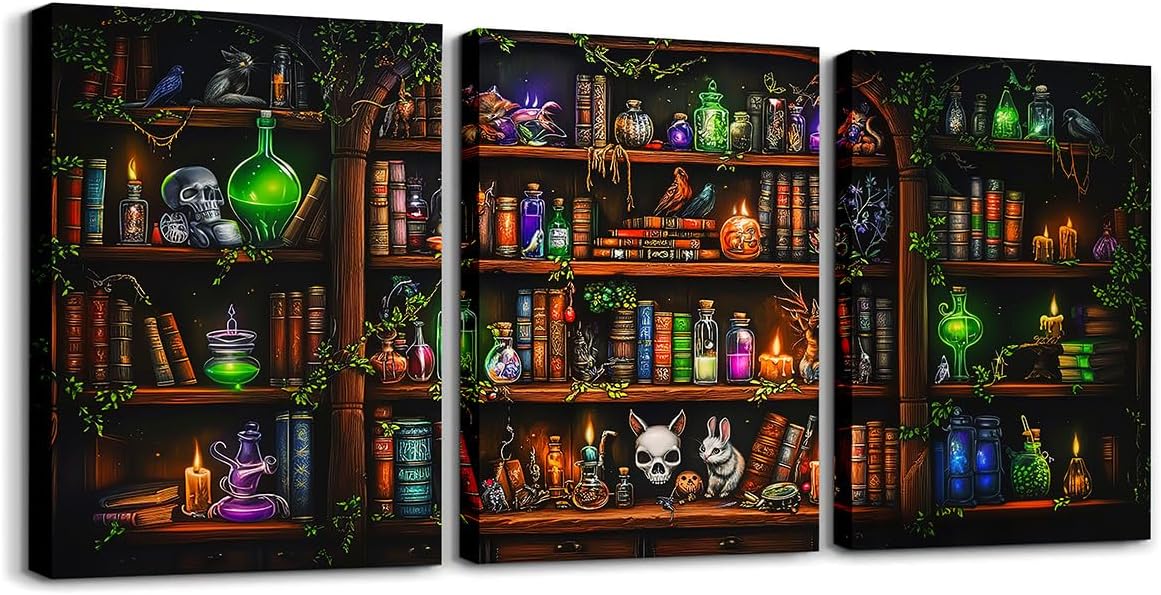 Erosebridal Magical Bookcase Canvas Wall Art Set of 3,Chemistry Lab Bookshelf Pictures Wall Decor,Hippie Spooky Halloween Skull Poster Prints for Bedroom Living Room Home Decor