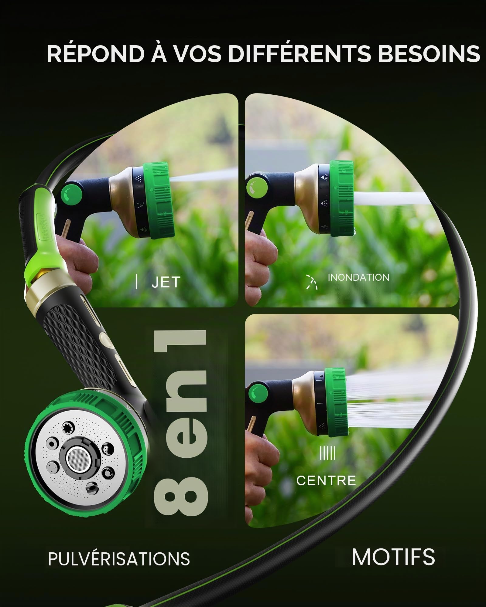 RAINPOINT Douchette de jardin en métal 8 fonctions - Débit d'eau réglable - Vert olive