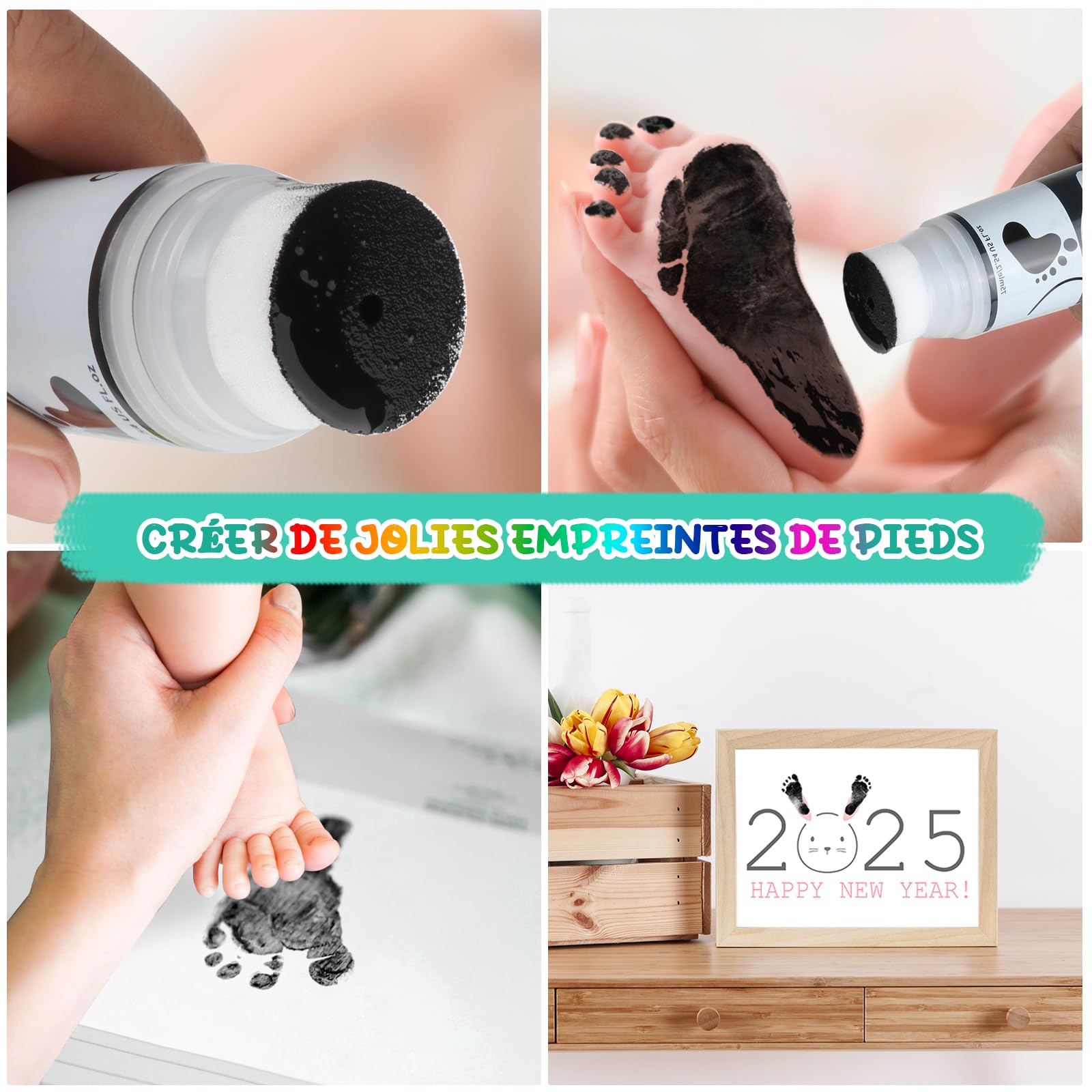 Kit Empreinte Bébé avec Attachement Éponge Non Toxique Lavable pour Mains et Pieds