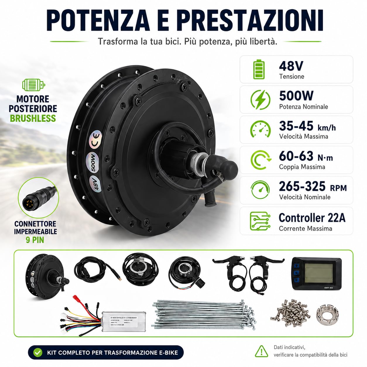 Kit conversione bici elettrica 48V 500W Motore posteriore M3 | Display Meter Controller, Shell in metallo, Kit completo fai da te, Per raggi delle ruote