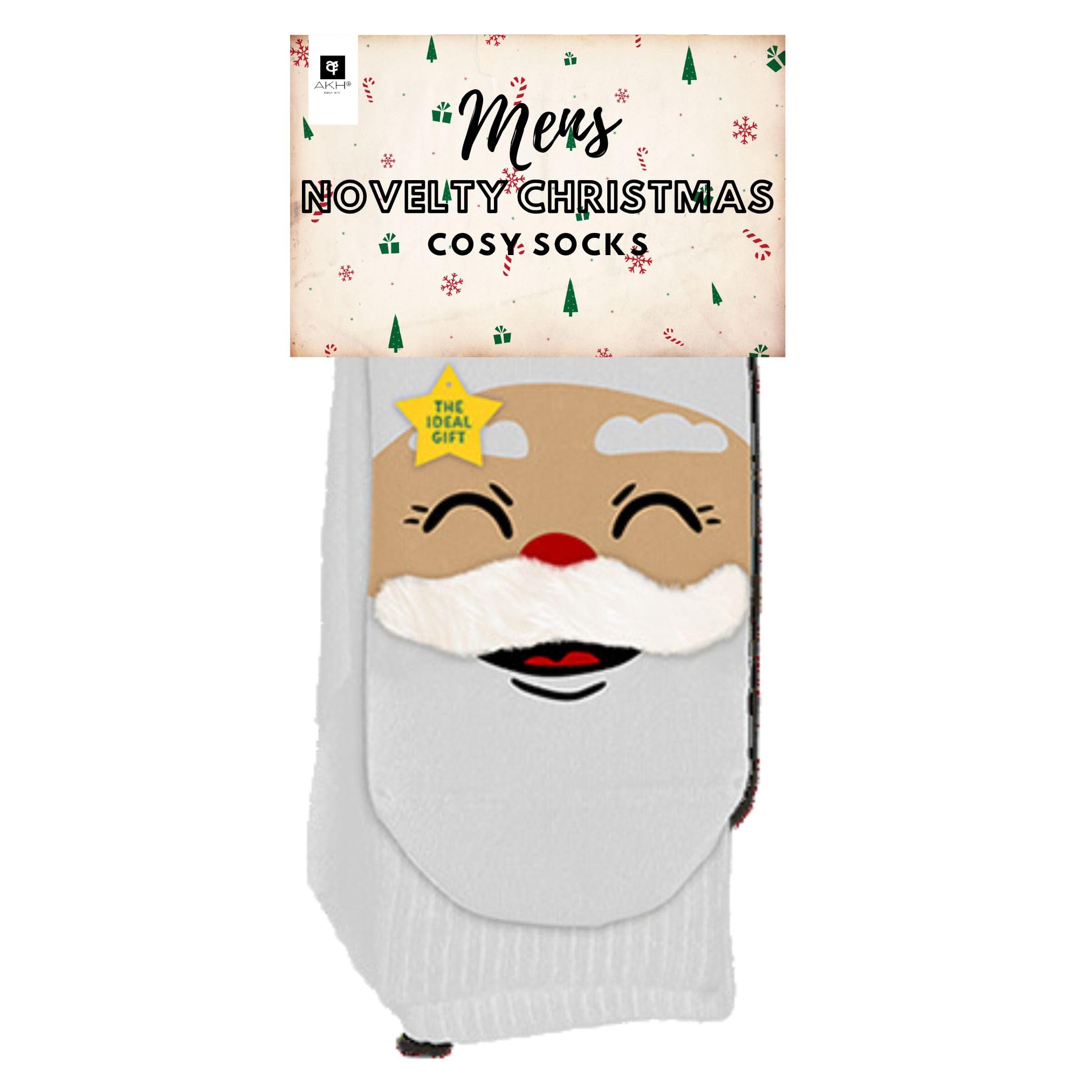 AKH® Festive 3D Character Men's Christmas Socks | Novelty Patterned Holiday Cotton-Rich Warm and Comfortable Winter Socks (Santa)