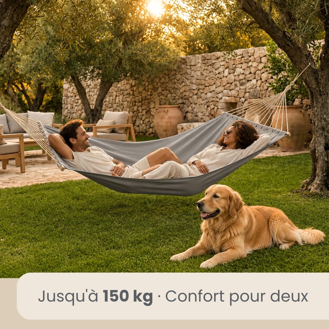 AMANKA XXL Hamac à Barre d'Écartement 200x120 cm Gris - Double Détente 2 Personnes 150kg - Coton Robuste Extérieur & Intérieur - Balcon Jardin Terrasse Camping - 100% Respirant Tissu Souple Agréable