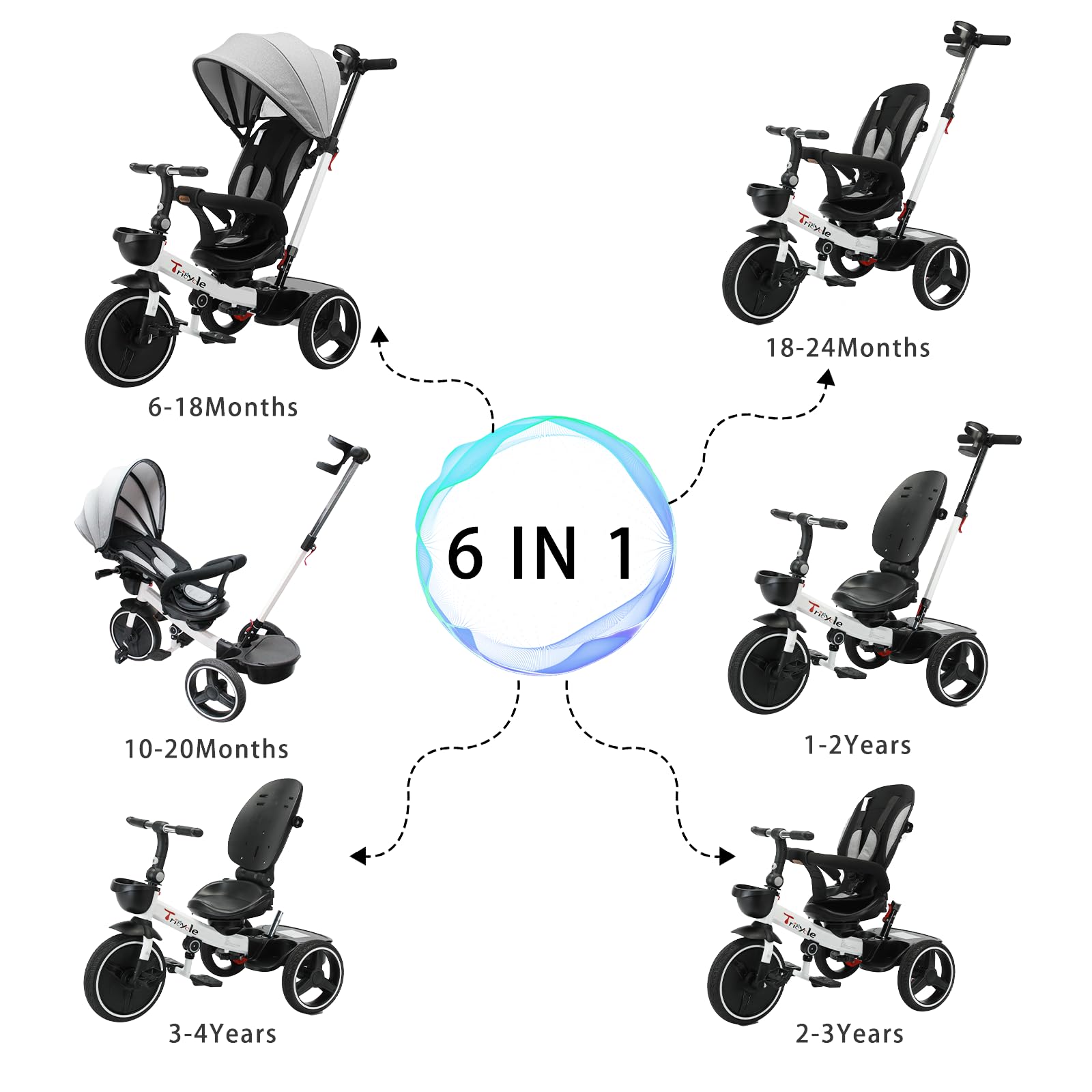 UBRAVOO Baby Dreirad, 6-in-1-Baby-Push-Bike-Lenk-Kinderwagen, lernendes Kleinkind-Fahrrad/abnehmbare Leitplanke, verstellbares Verdeck, Sicherheitsgurt, Stoßdämpfungsdesign