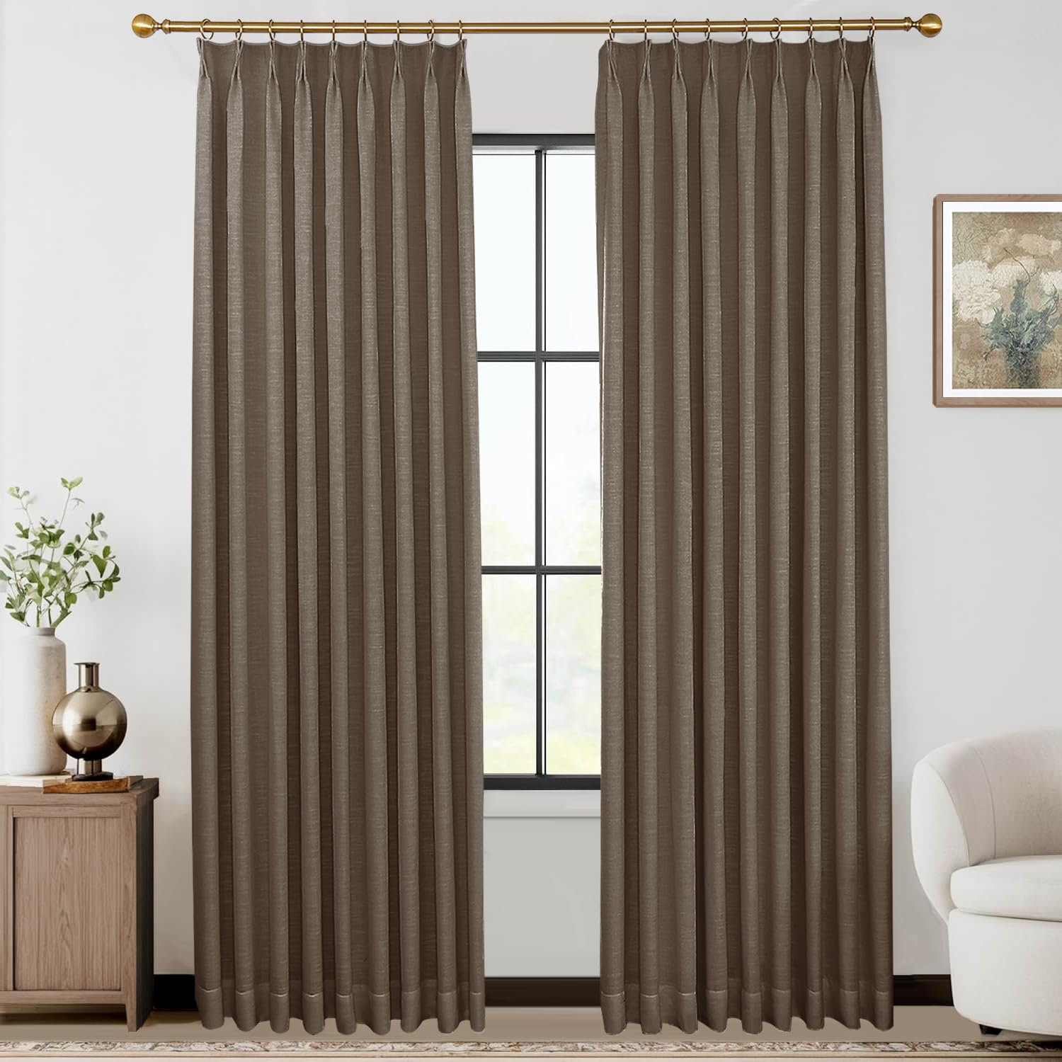 Cortinas opacas de lino gris pardo de 96 pulgadas, 2 paneles plisados para oscurecer la habitación, 100% bloqueo de luz, tela texturizada para dormitorio y sala de estar, 40 pulgadas de ancho x 96