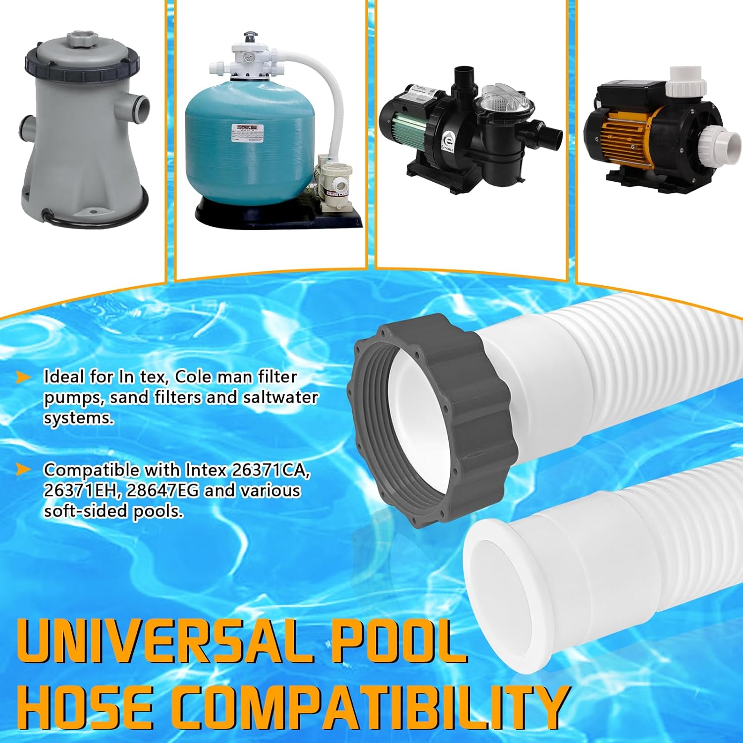 2Pcs 1.5’’ Diameter Pool Hose with 2 Type B Hose Adapters, 20inch Pool Pump Replacement Hose for Above Ground Pools, Flexible Water Pool Hose Set for Filter Pump and Saltwater Systems