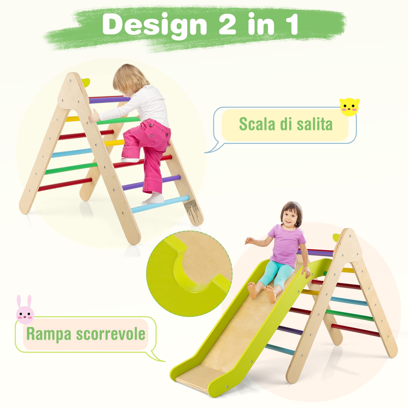 COSTWAY 2 in 1 Set da Arrampicata con Scivolo per Bambini, Triangolo di Arrampicata in Legno Regolabile a Gradi, Giocattolo per Arrampicarsi all’Interno, 1 Anno+ (Colorato)