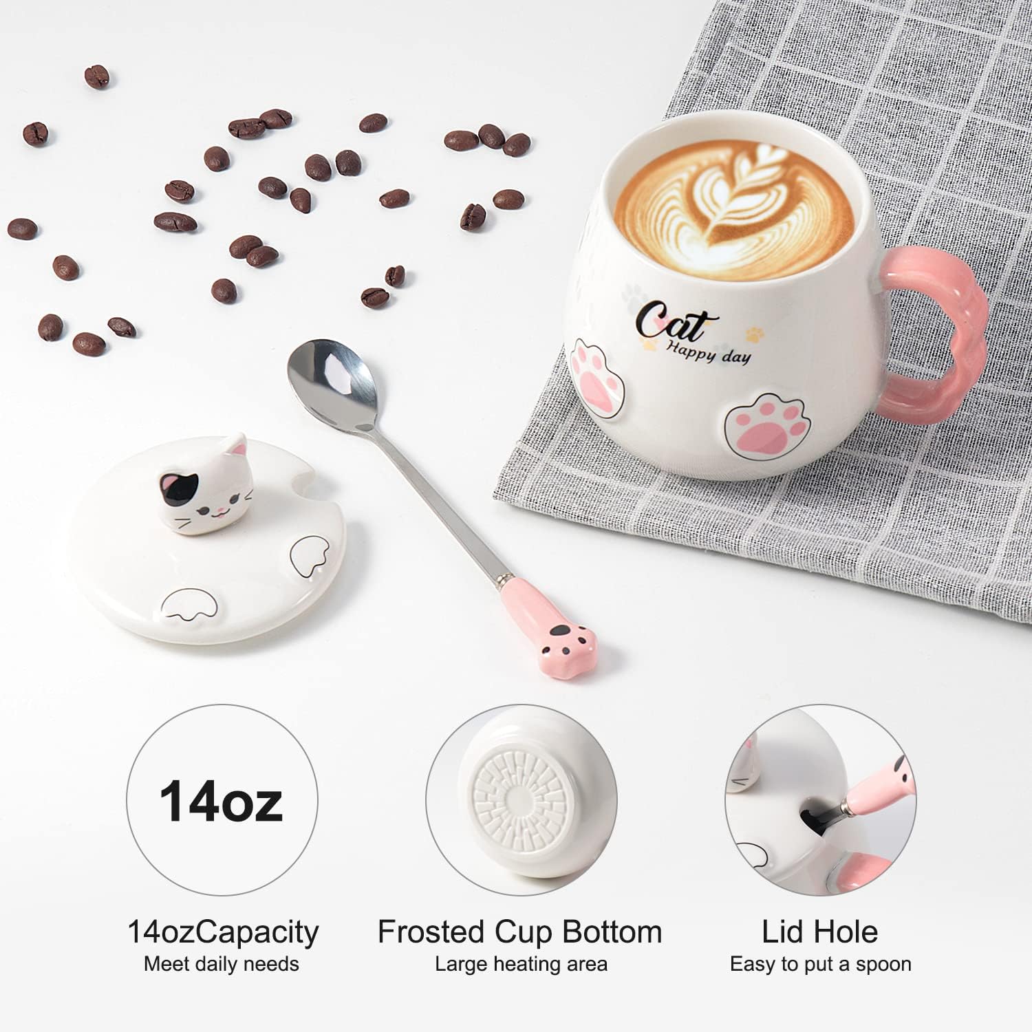 マグカップ蓋とスプーン付き 陶器 猫 コップ コーヒーカップ・マグ : 猫 マグカップ蓋とスプーン付き コーヒーカップ フタ付 スプーン付き