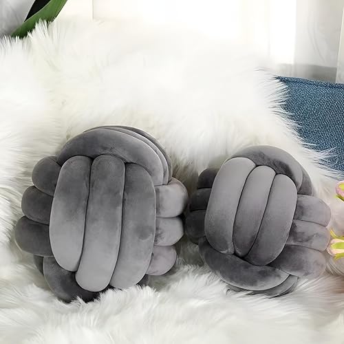 7UYUU Soft Knot Pillow Ball, Decorative Short Plush Knot Throw Pillow Large Round Velvet Knot Pillow for Sofa Throw Knotted Pillow Cushion Home Decoration (Dark Gray, Large 11 Inches)
