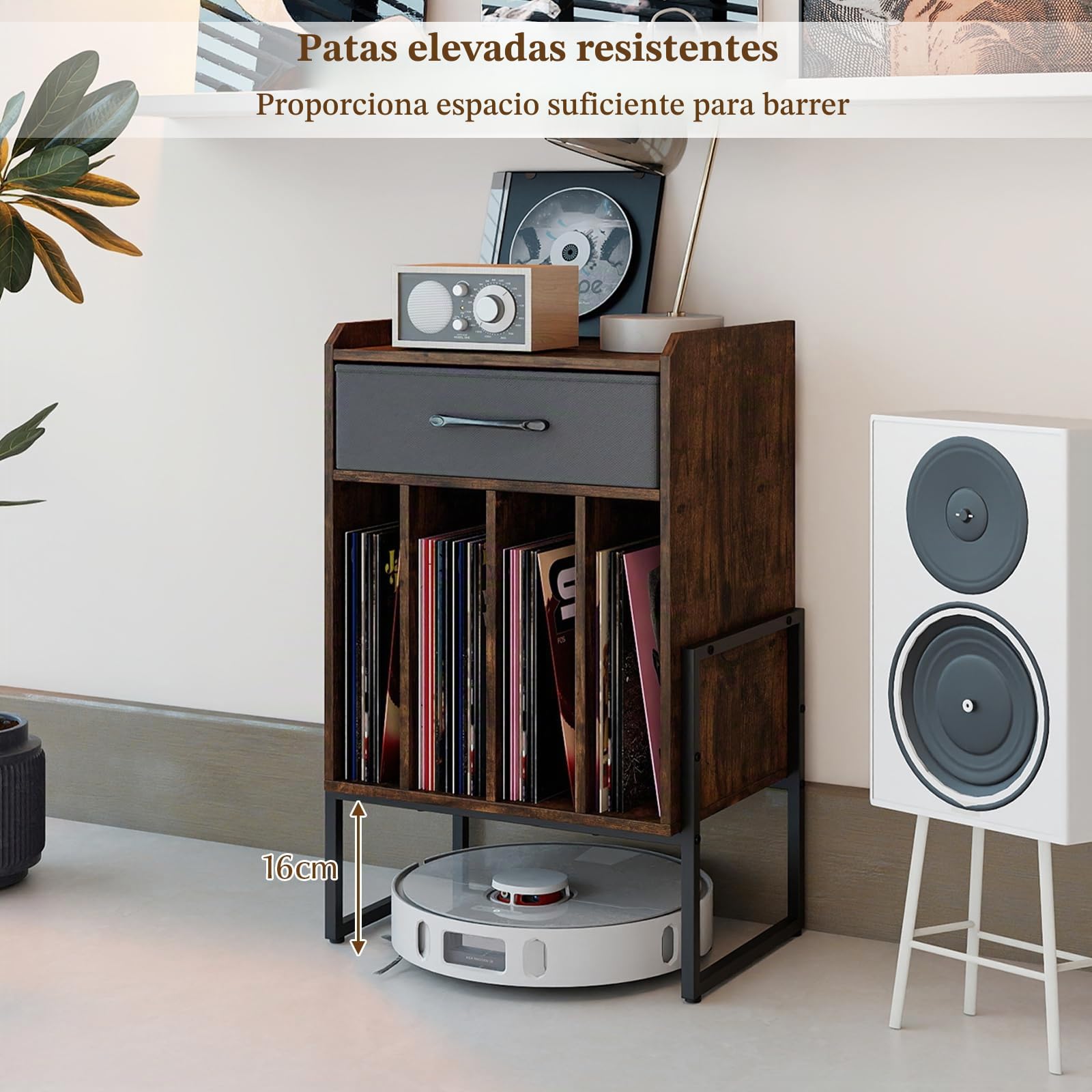 KOMFOTTEU Mueble para Tocadiscos con 4 Compartimentos y Cajón de Tela | Mesa para Tocadiscos con Patas Elevadas, Soporte de Discos de Vinilo para Sala de Estar, Dormitorio, 42 x 33 x 69 cm