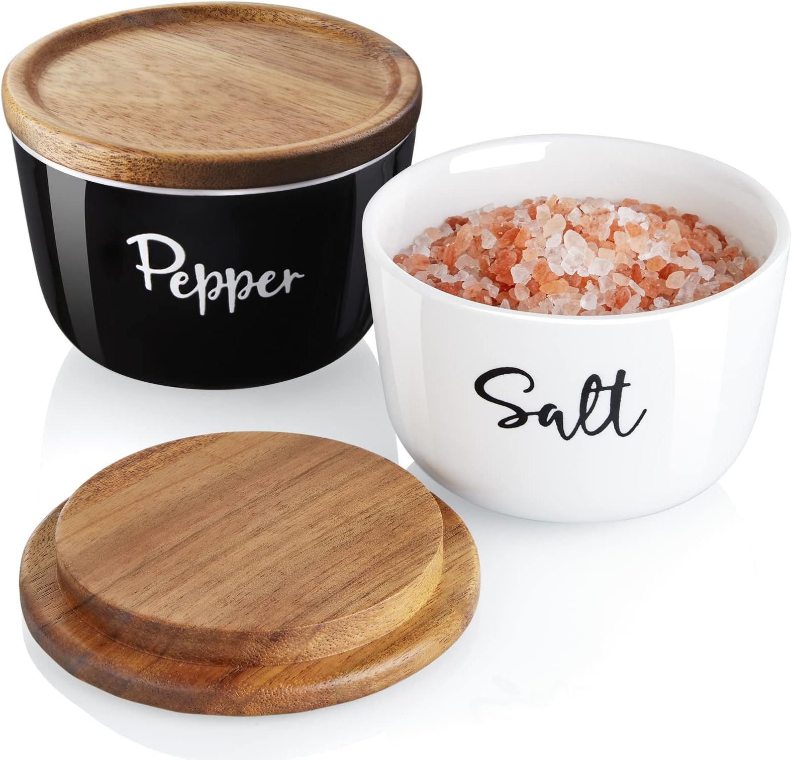 DAYYET Salt and Pepper Bowls, 10 oz Salt Cellar with Lid, Stacked Ceramic Salt Pepper Container with Acacia Wood Lid, Salt Box for Countertop, Black and White Kitchen Decor, Set of 2