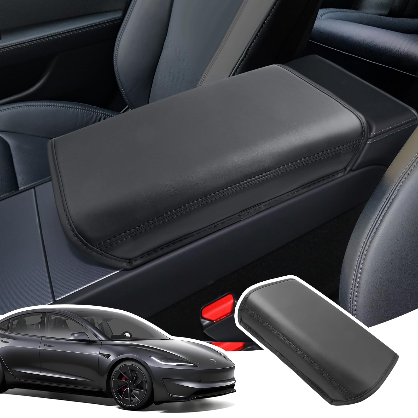Copribracciolo per Tesla Model 3 Highland 2024 2025 2026, Copertura per Bracciolo Console Centrale in Pelle PU Ispessita, Accessori Antiscivolo per Alzare il Bracciolo, Nero
