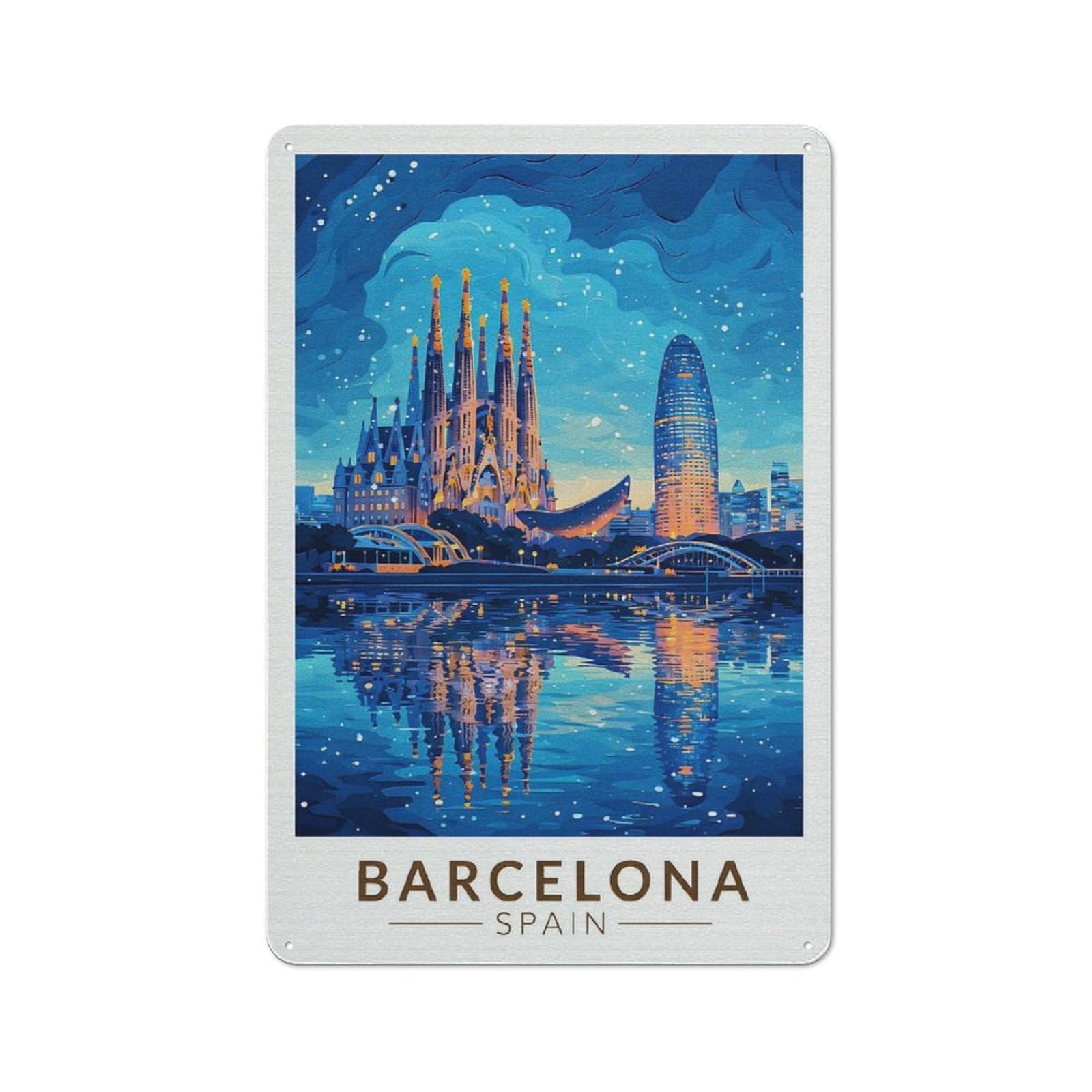 Junmoney Style-10 Barcelona Skyline At Night Rustic Metal Wall Sign 30X20cm For Workshop Wall, Suited To Makers And Diy Enthusiasts