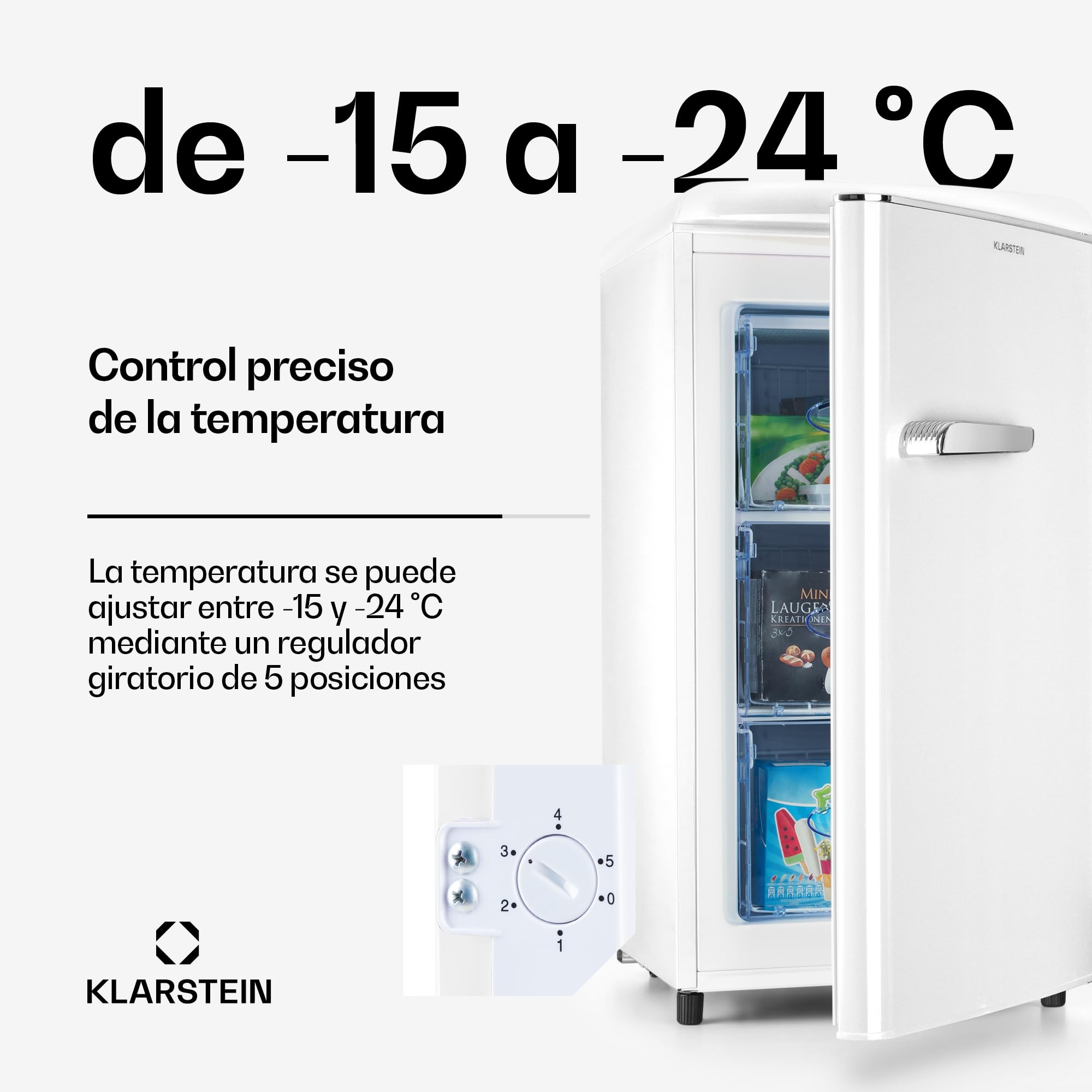 Klarstein Laika - Congelador, Termostato con 5 niveles, Temperaturas de -24 a -15 °C, 3 cajones extraíbles, CEE E, Capacidad de 60 L, Crema