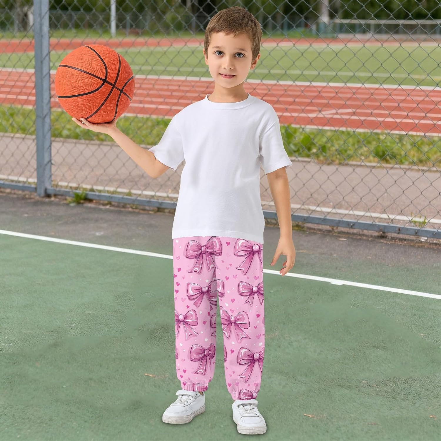 Boy Sweatpants Bow Tie Hearts Joggers Casual Athletic Pants Kids Elastic Waist Cuffed with Pockets