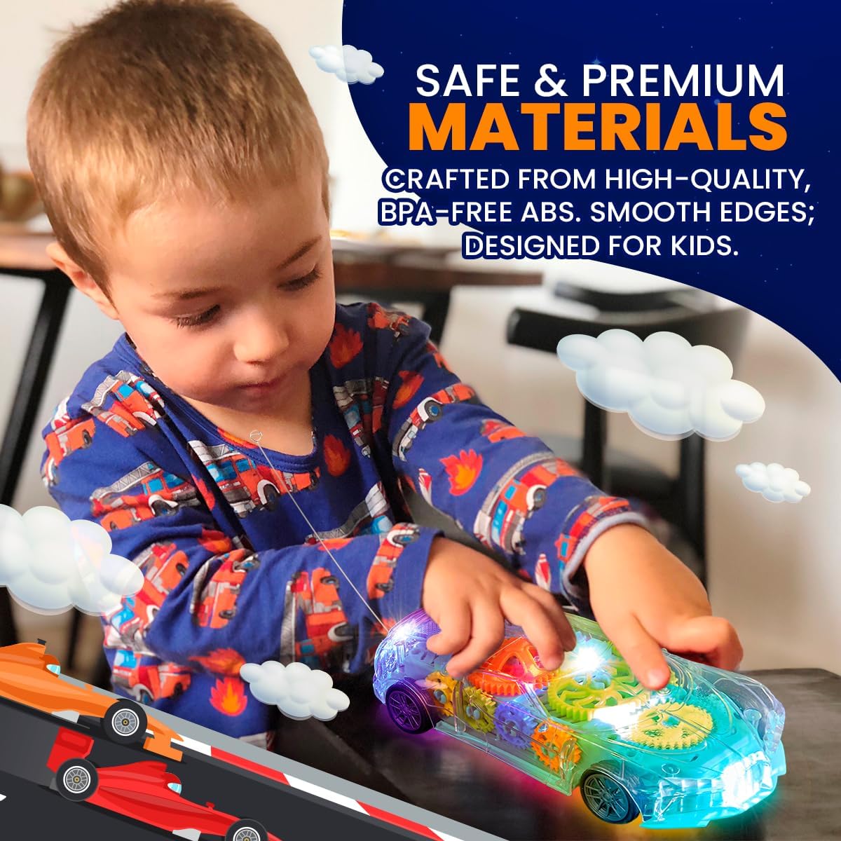 Playbees Light-Up Transparent Car with Remote Control, Toys for Autistic Kids Ages 3-5 Sensory Activity for Kids with Autism Special Needs Toys, Bump and Go Toys for Toddlers Music and LED Effects