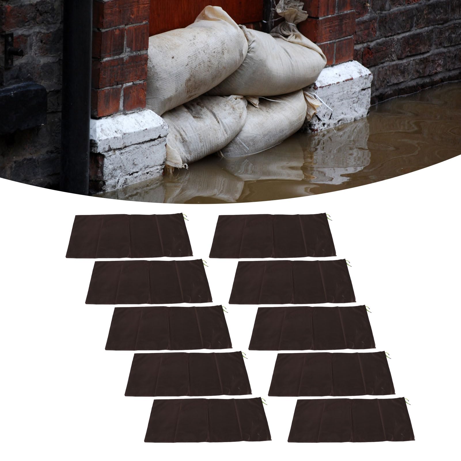 10 Piezas Bolsas de Arena para Inundaciones, 30x70cm Reutilizables 420D Poliéster Barrera de Agua para Inundaciones, Bolsas de Arena para Puerta, Ventana, Control de Inundaciones (Café)