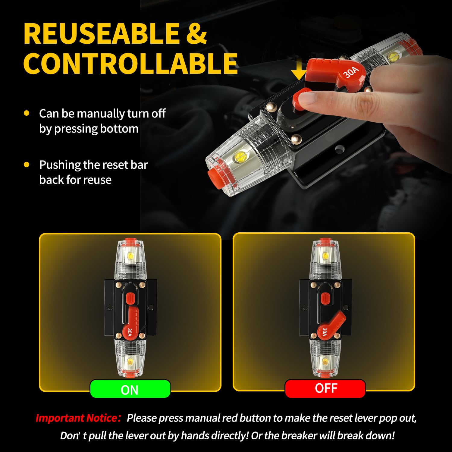 30 Amp Manual Reset Circuit Breaker DC 12-48V Waterproof Inline Fuse Holder, 3-15 AWG Overload Protection for Car Audio Sound Amplifier System RV Marine Boat Truck Solar (Pack of 2) — Amazon image 4