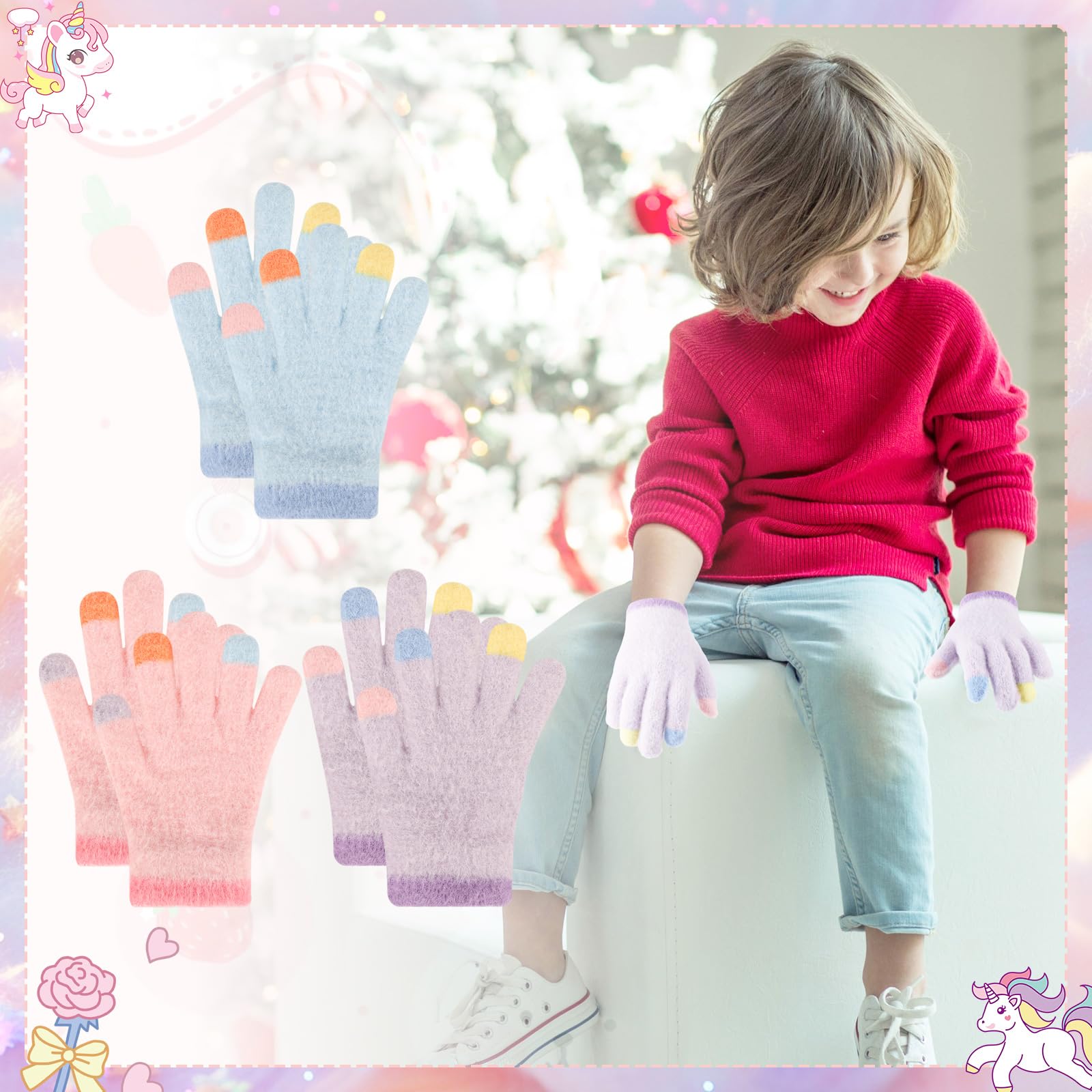 QKURT Lot de 3 paires gants d'hiver chauds enfants mitaines tricot extensible 4-10 ans