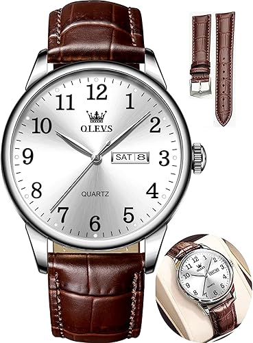 Miniatura 15 de OLEVS Reloj para hombre, relojes para hombre, correa de cuero, reloj clásico de cuero marrón, reloj analógico, reloj de cuero negro para hombre