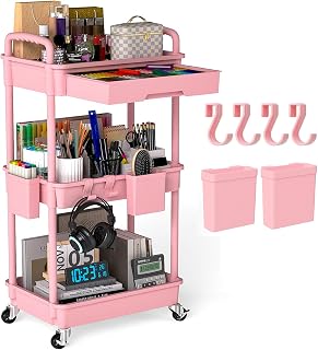 3 Tier Rolling Utility Cart with Drawer, Plastic Storage Organizer Rolling Carts with Wheels Handles Hanging Cups Hooks for Office, Bathroom, Kitchen,Craft Art Room (Pink)