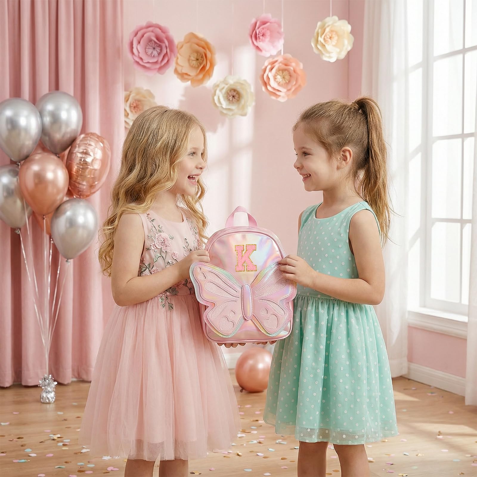 Mini zaino per ragazze, zaino per bambini con fiocco laser arcobaleno, borsa con iniziale personalizzata per ragazze adolescenti, borsa per asilo, regalo di compleanno per ragazze di 2-10 anni