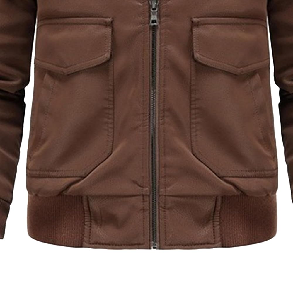Gsywaipei Men's Pocket Leather Jacket Warm Zipper Bomber