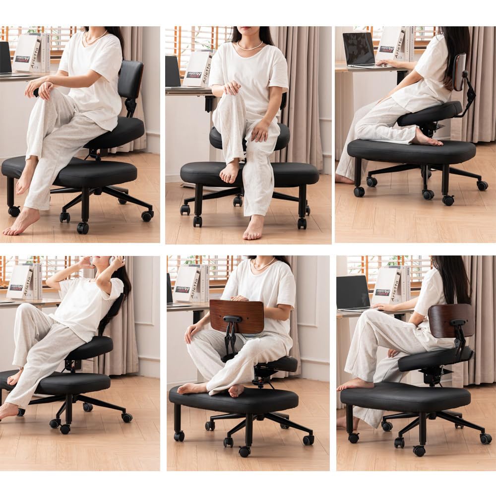 Chaise genoux ergonomique avec dossier, tabouret réglable pour une meilleure posture, assise rembourrée avec roulettes, noire