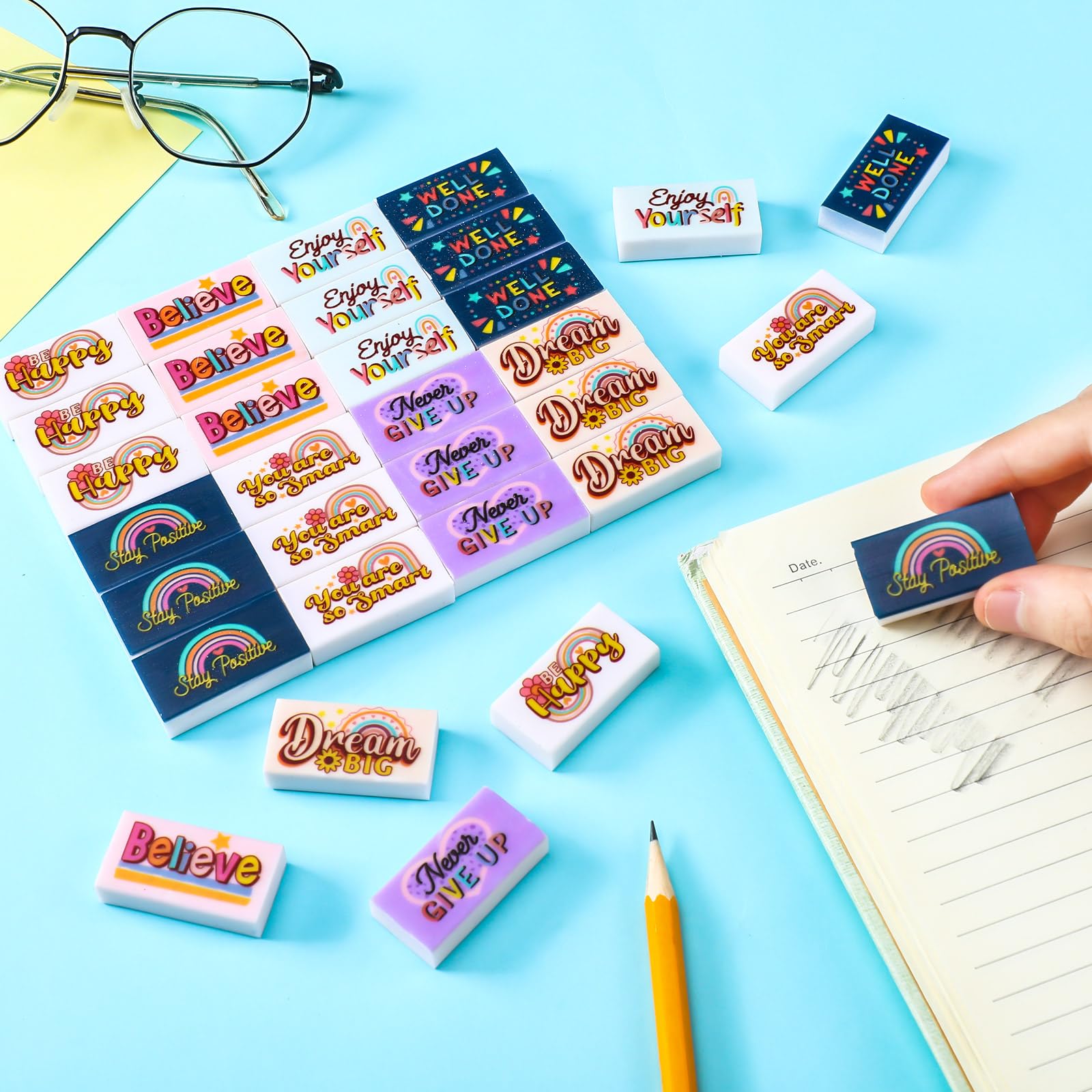 Dunzoom 100 gomme da cancellare motivazionali per bambini, divertenti e motivazionali, forniture per scuola, ufficio, ufficio, insegnanti, artisti (Boho)
