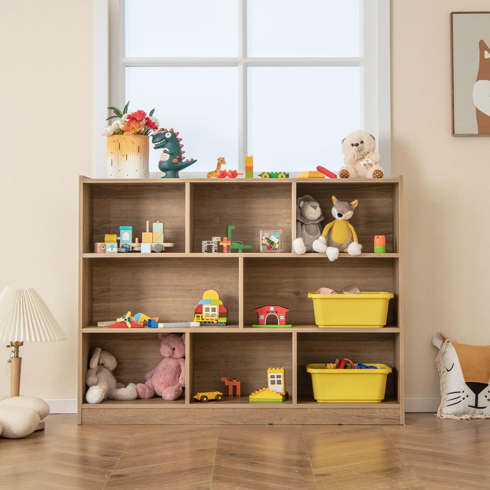 DREAMADE Bibliotheque Enfant 122x32x93CM à 3 Niveaux avec 8 Compartiments, Coffre à Jouets Enfant en Bois Charge 60KG,Étagère de Rangement Filles Garçons pour Jouets&Livres (Naturel)