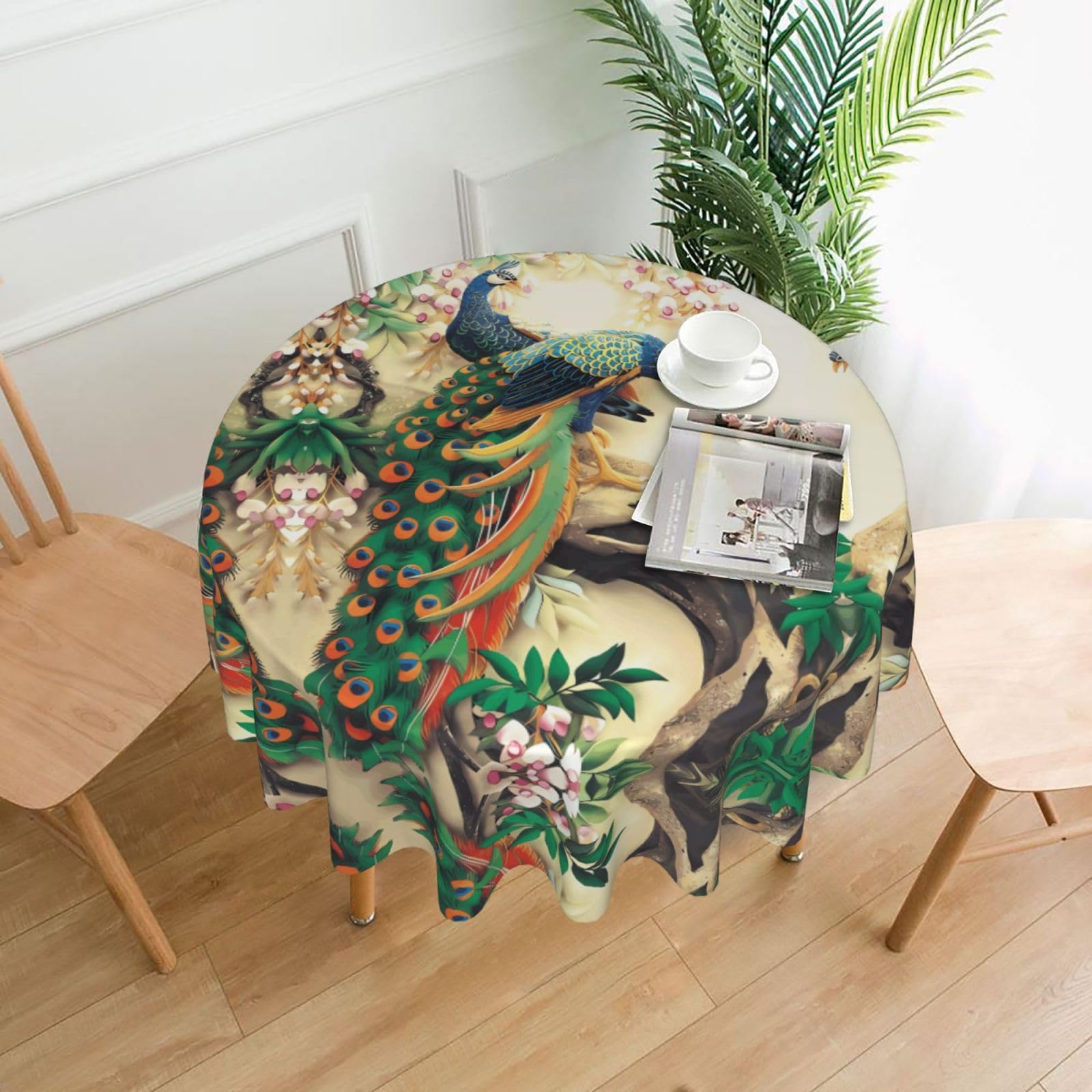 WHJSSF Oriental Peacock on Flower Tree Prints Round Decorative Tablecloth 60in - Elevate Your Dining Experience with a Stylish & Protective Table Throw
