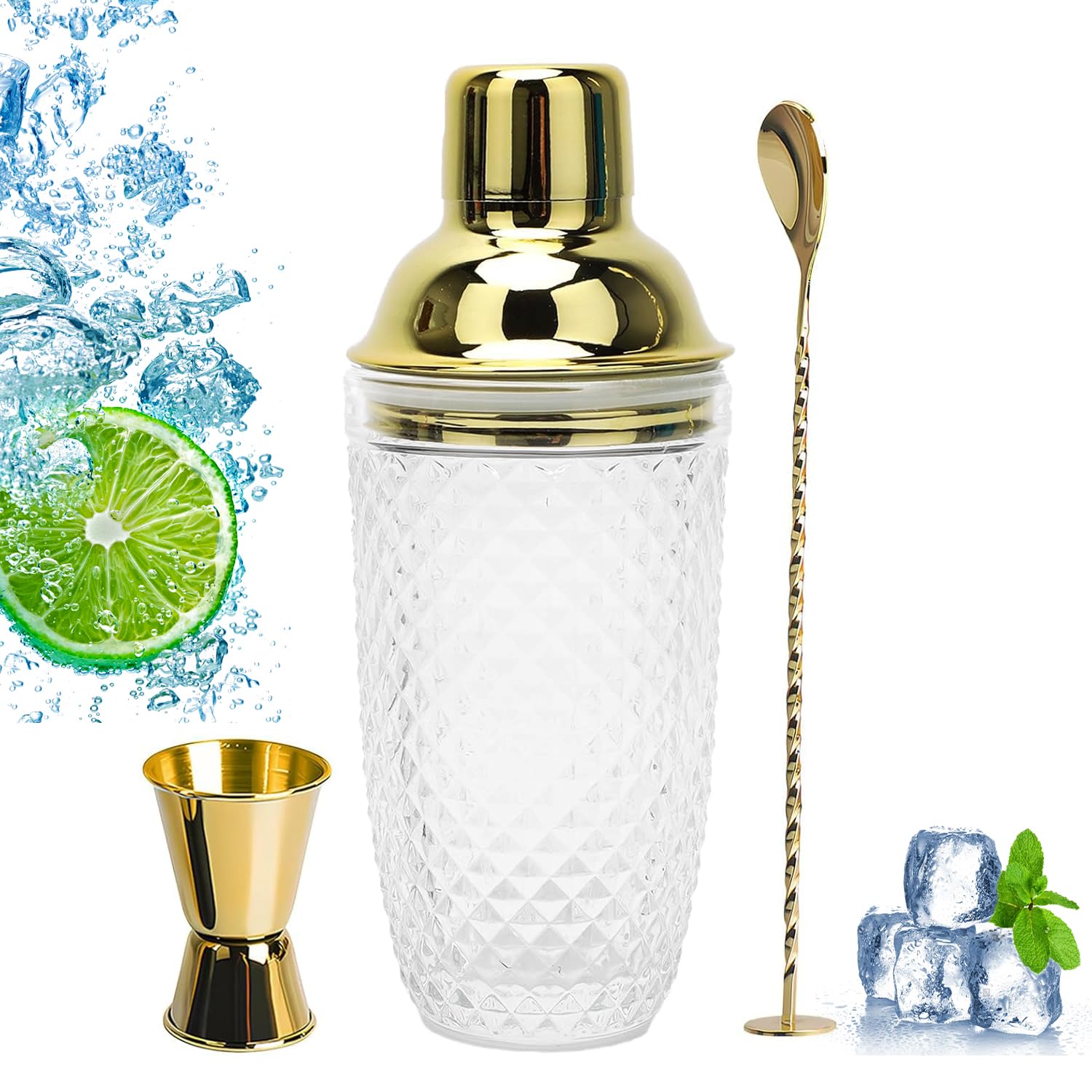 Set Di Shaker per Cocktail In Vetro 400ml, Shaker Da Cocktail In Vetro Trasparente, 400 Ml Shaker In Cristallo, Con Misurino e Cucchiaio, per Bar Domestici, Bevande a Base Di Succhi Di Frutta, Oro