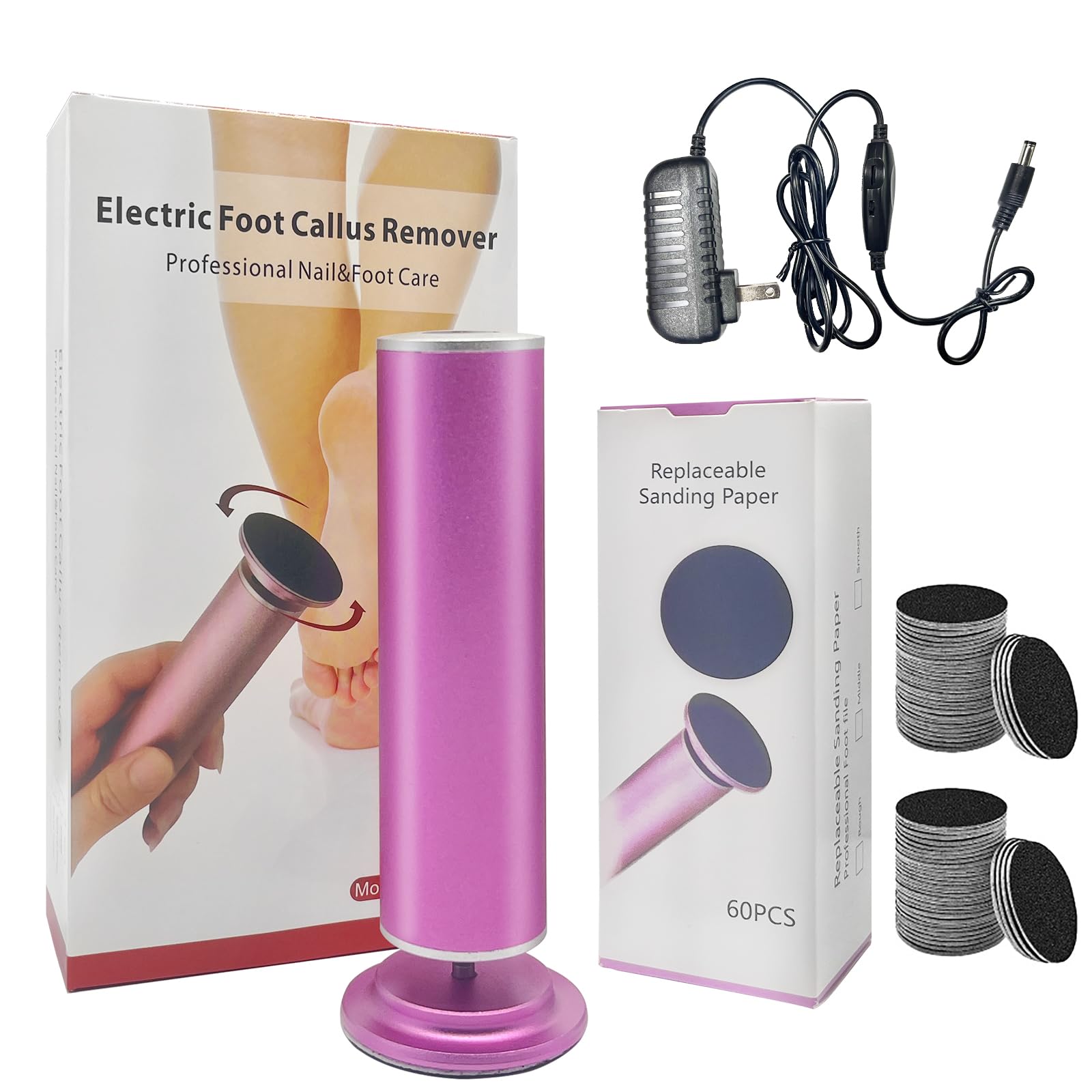 Resptasski Electric Foot Callus Remover for Feet, Pedicure Tool with 60pcs Replacement Sandpaper Discs, Adjustable Speed Scrubber File Grinder for Dead Skin, Home Spa Salon Use - Pink