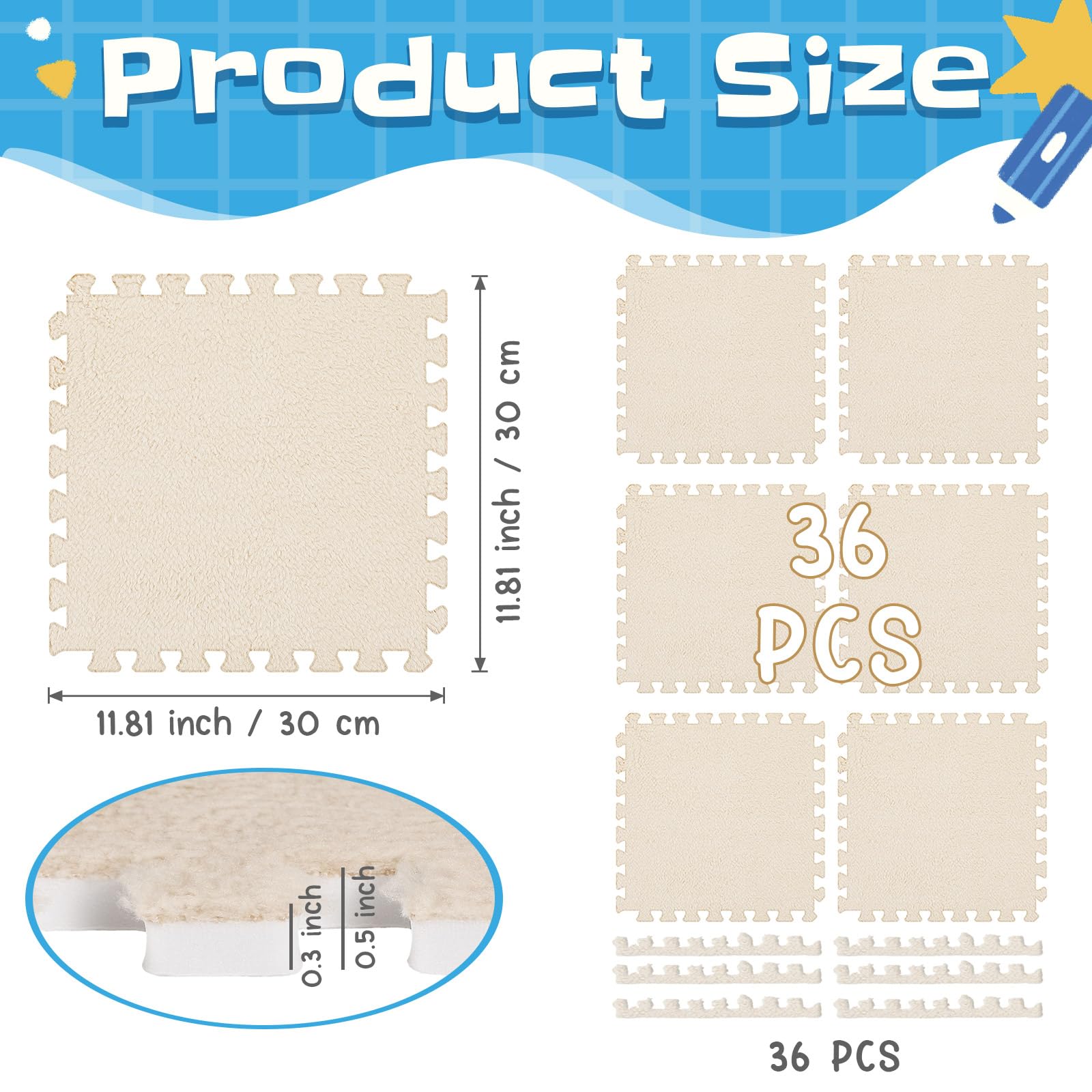 Timgle 36 Pcs Interlocking Carpet Tiles Plush Foam Floor Mats with Border Fluffy Play Mat Floor Tiles Soft Climbing Area Rugs for Kids Home Playroom Decor, 12 x 12 x 0.4 Inch (Light Camel)