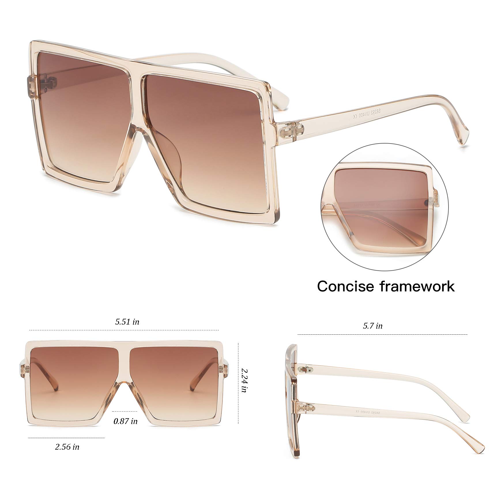 GRFISIA quadratisch Übergroße Sonnenbrille für Frauen Herren Flat Top Fashion Shades Clear Orange/Tea Lens