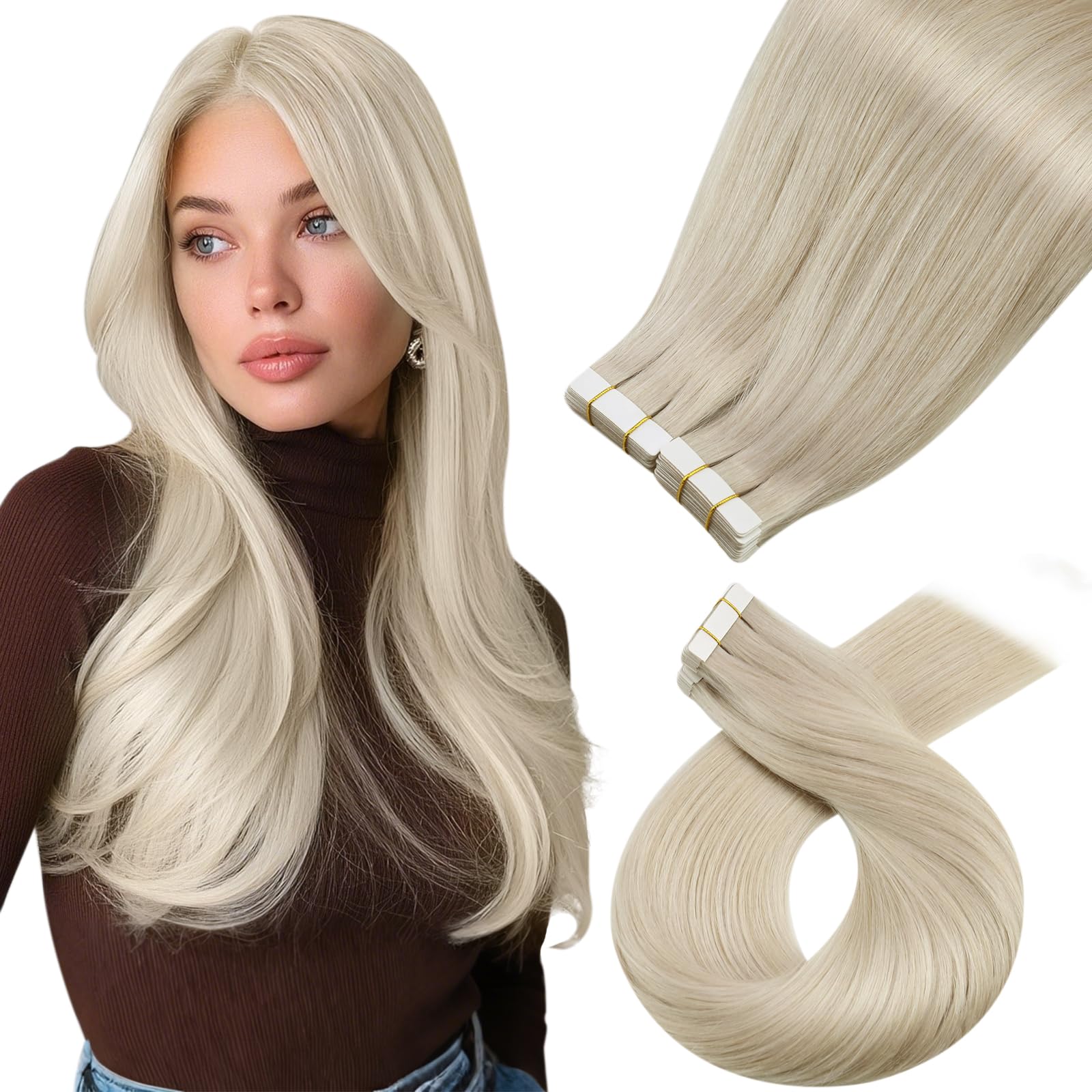 Moresoo Blonde Tape in Hair Extensions Human Hair 20Pcs 50G Hair Extensions for Women Platinum Blonde Tape in Real Hair Extensions 16 Inch Fashion