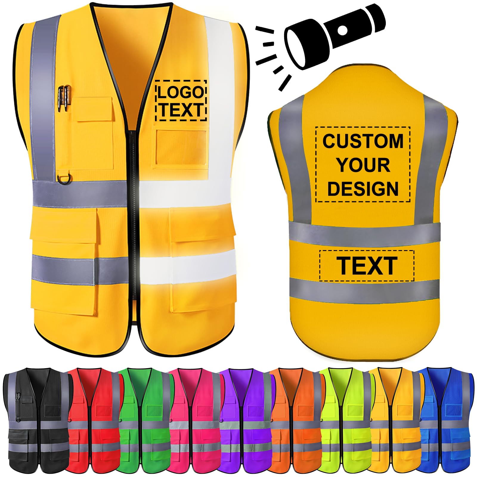 High Visibility Vest Custom Logo Text for Men Personalised Safety Vest Hi Vis Viz Workwear with Reflective Strip 5 Pockets — image 1