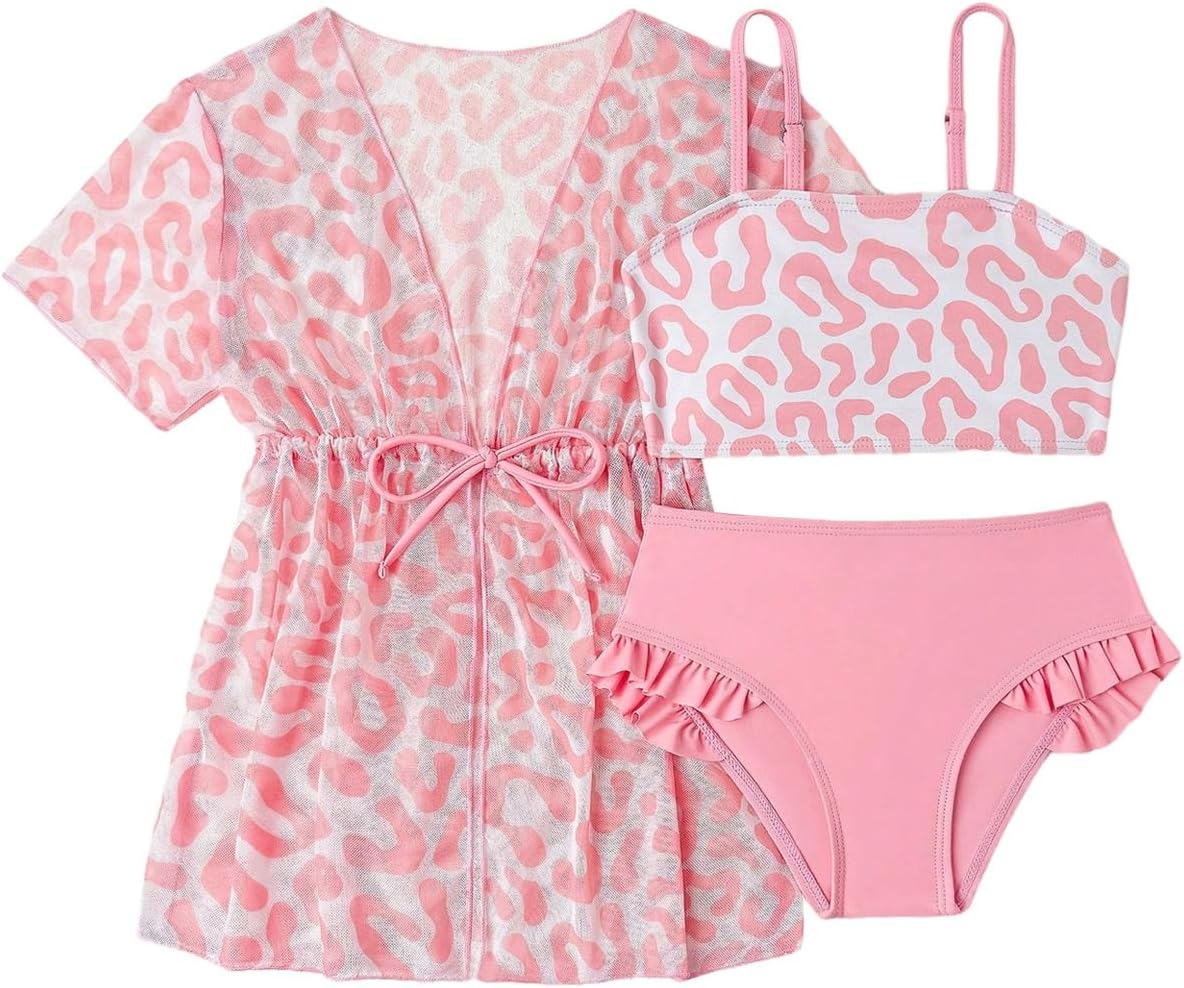 SOLY HUX Toddler Girl's 3 Piece Leopard Bikini Set Cheetah Print Ruffle Bathing Suit Swimsuit with Cover Up