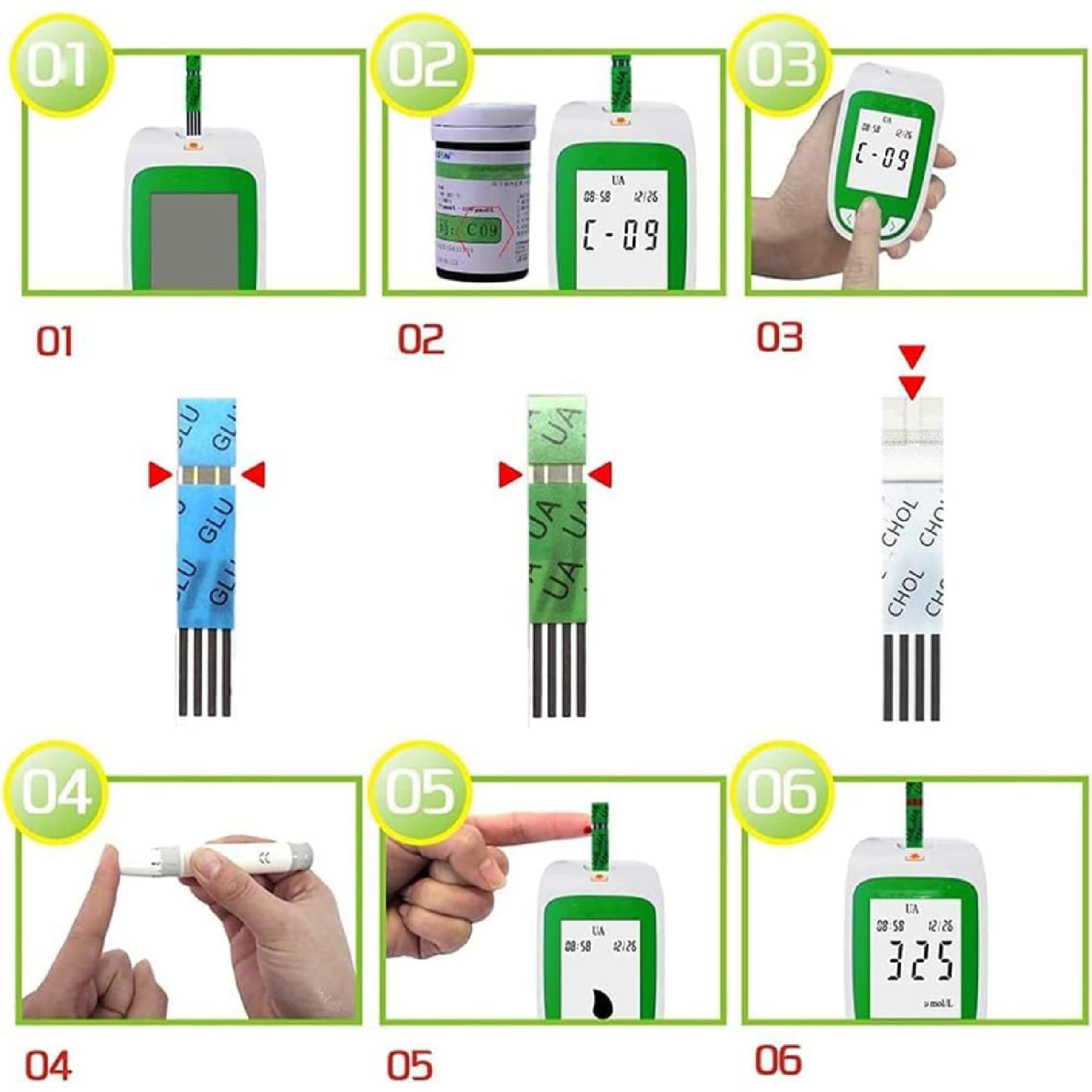 Kit test per il benessere domestico, analizzatore 3 in 1 per glucosio, acido urico, monitor del colesterolo con strisce reattive, rilevamento accurato, adatto per uso domestico, clinico e ospedaliero