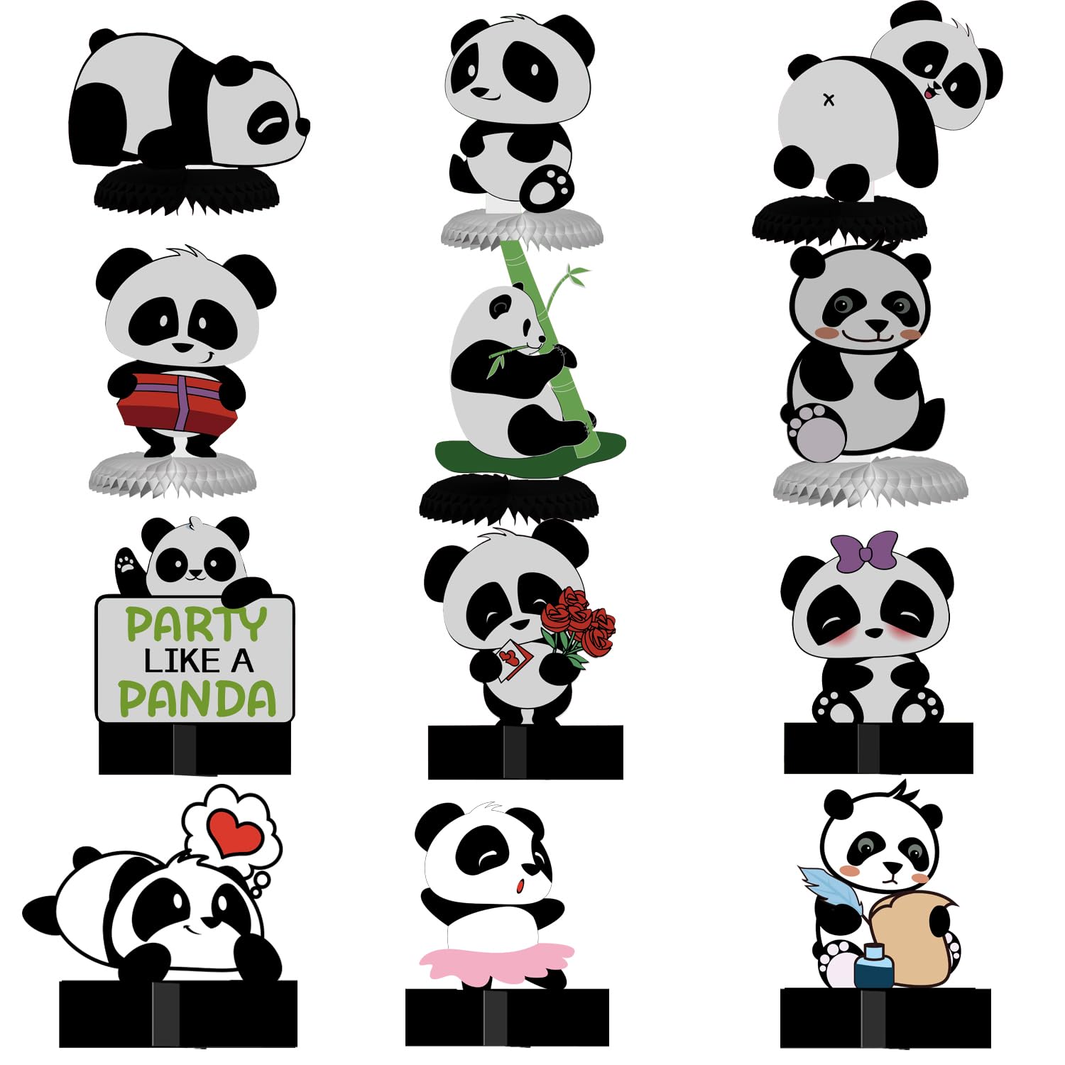 SKIRUP 12 Pieces Panda Party Decorations Panda Honeycomb Centerpieces Panda Party Supplies Cute Paper Table Centerpieces Table Decoration