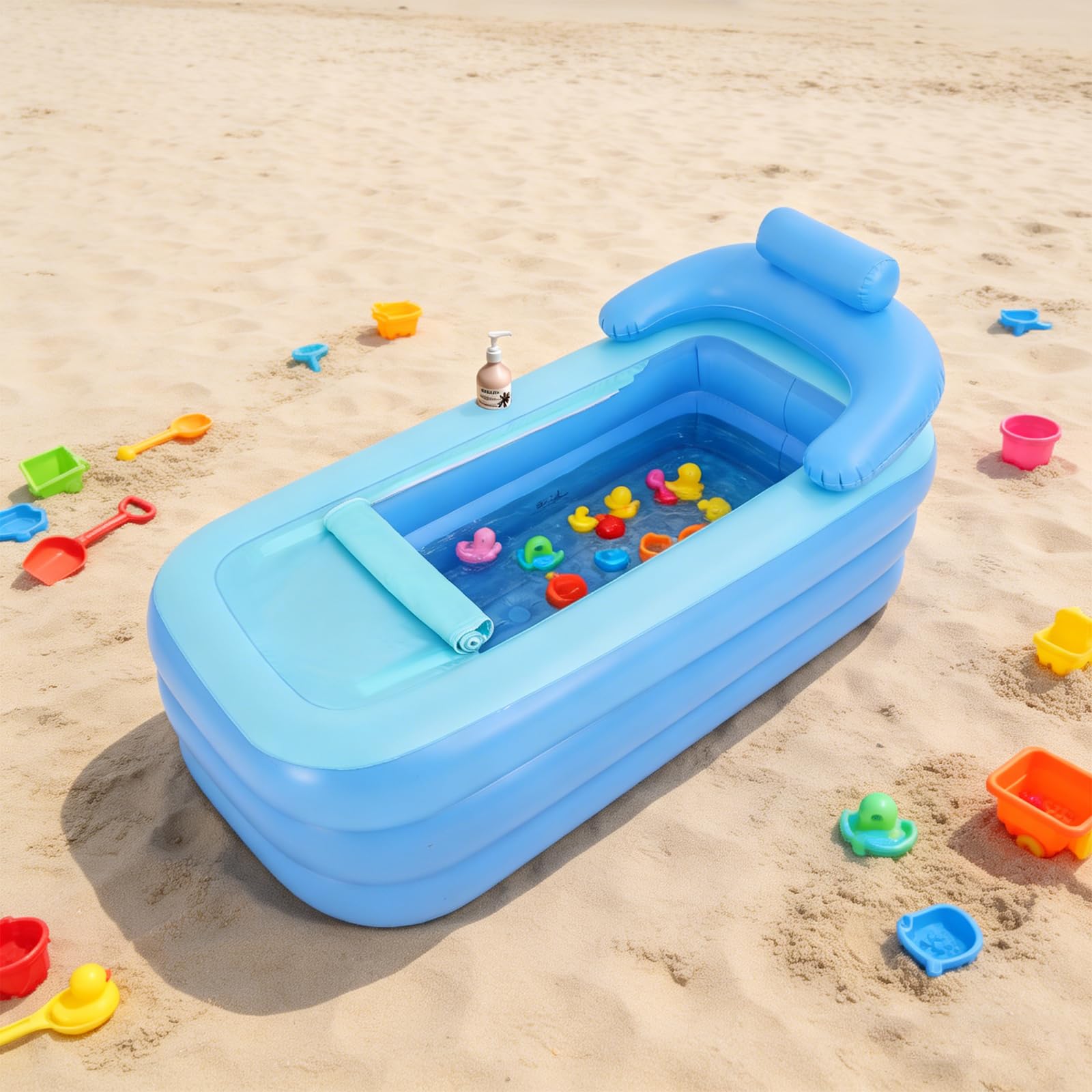 Baignoire gonflable avec coussin gonflable, baignoire d'air avec porte-gobelet, baignoire pliable avec fonction portable pliable pour adultes, adolescents, bleu