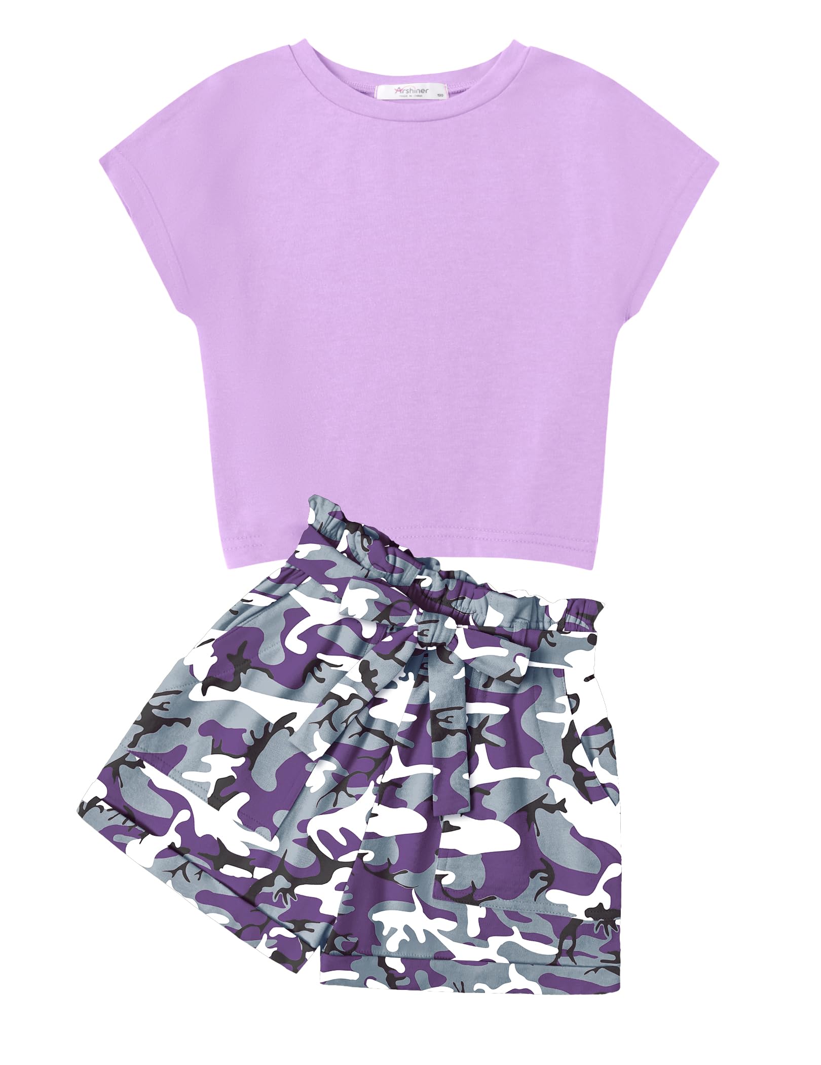 Arshiner Girls 2 Piece Outfit Drop Shoulder Sleeve Tops Paperbag Shorts Set | Summer Clothes, for 6-14 Years, Crew Neck, Hight Waist, Cute Clothing, with Pockets