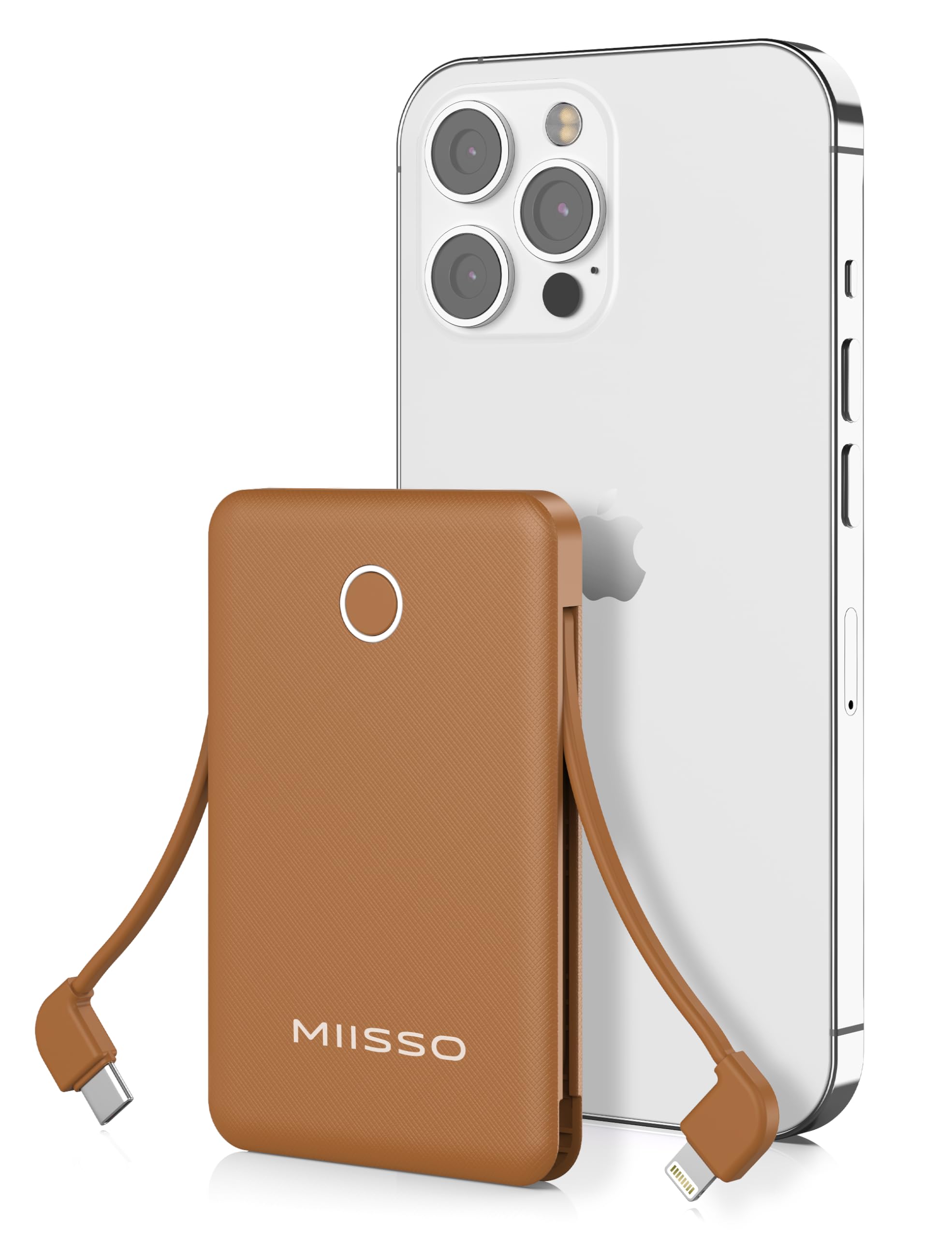6000mah Ultra Slim Built in Cables Power Bank, Card Size Built in USB C Cords Battery Pack Portable Charger for Phones, 3 Output External Battery Pack Compatible with iPhone, Samsung, Google, Brown