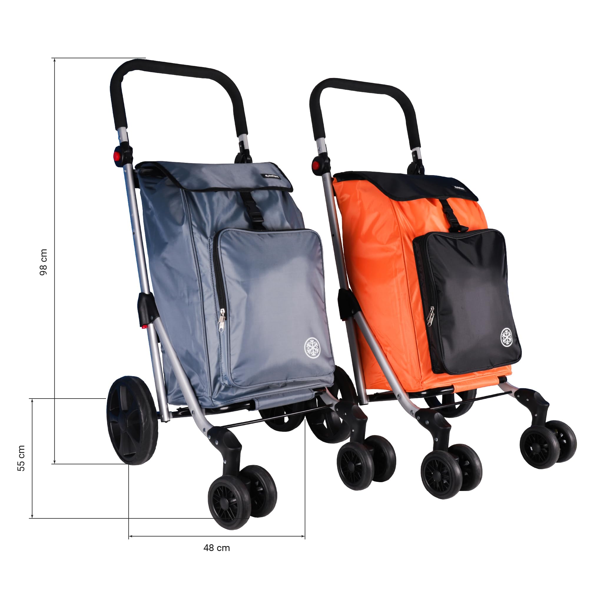 Cofan Carro de compra plegable con 6 ruedas | Material: aluminio | Bolsa de 53 litros | Bolsillo para congelados | Naranja y negro/Gris (Gris, 53 Litros)