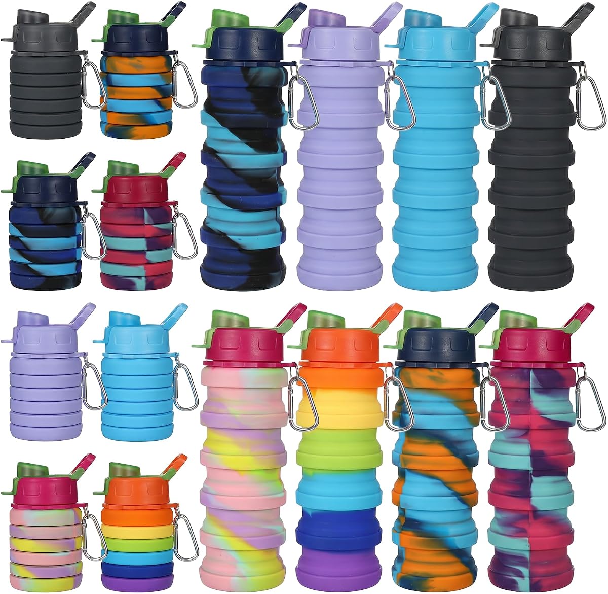 8 Pcs Collapsibles Water Bottles, 16 oz Portable Foldable | Water Bottle with Metal Clip Silicone Leakproof Travel Water Bottle Reusable Sports Waters Bottles for Travel Camping Cycling