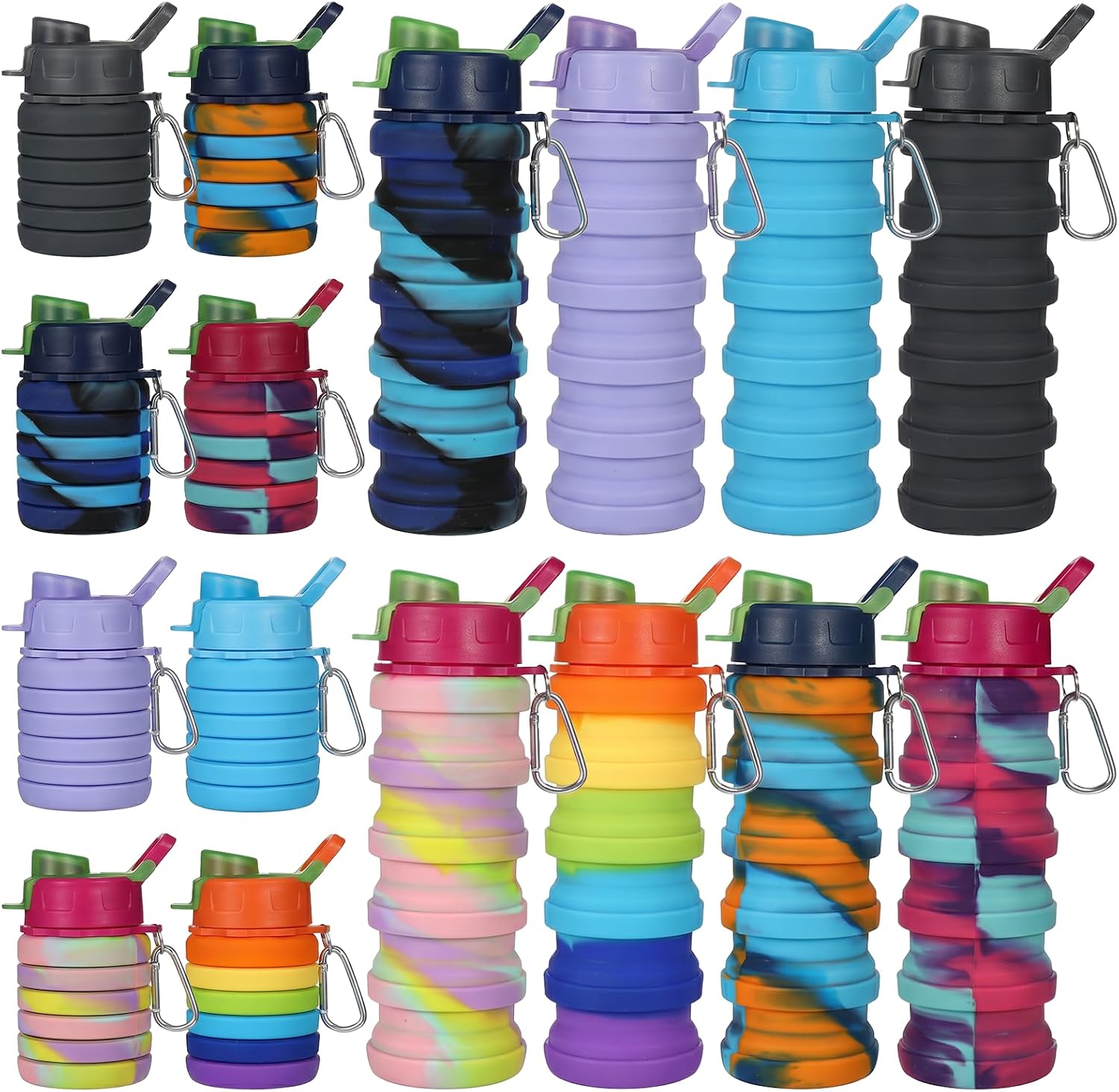 8 Pcs Collapsibles Water Bottles, 16 oz Portable Foldable | Water Bottle with Metal Clip Silicone Leakproof Travel Water Bottle Reusable Sports Waters Bottles for Travel Camping Cycling