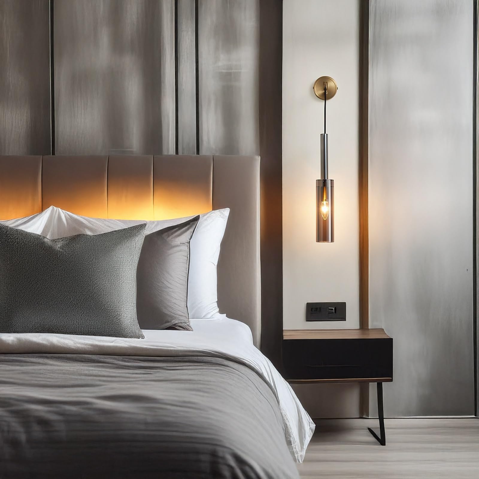 Apliques de Pared para Interiores, Dormitorio, Pasillo, Modernos, latón, Pantalla cilíndrica de Vidrio Gris Ahumado. Lámpara Colgante para Sala de Estar, Comedor, mesita de Noche.