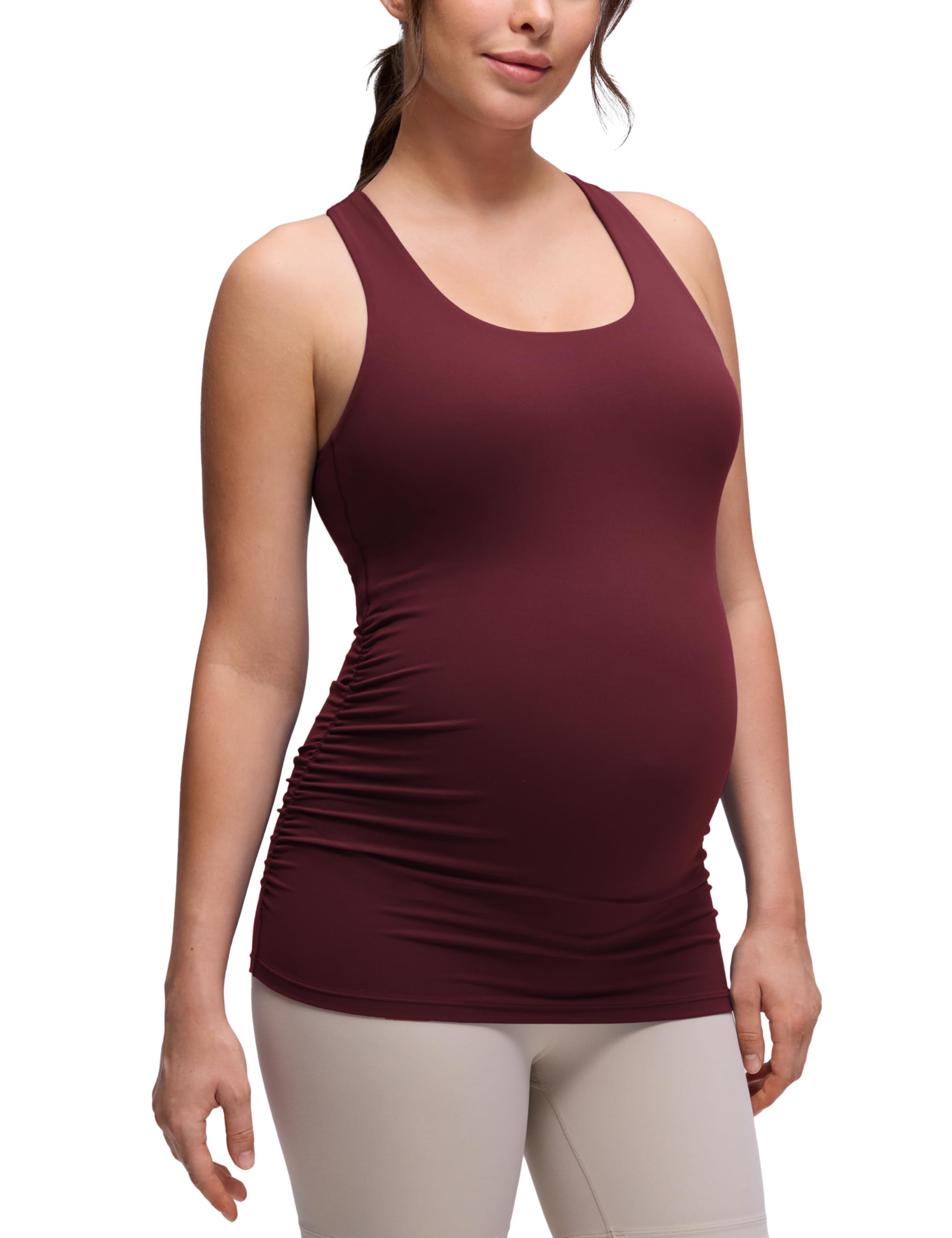 CRZ YOGA Women's Butterluxe Racerback Maternity Tank Tops Ruched Pregnancy Sleeveless Top Yoga Camisole with Built in Bra Red Merlot 10